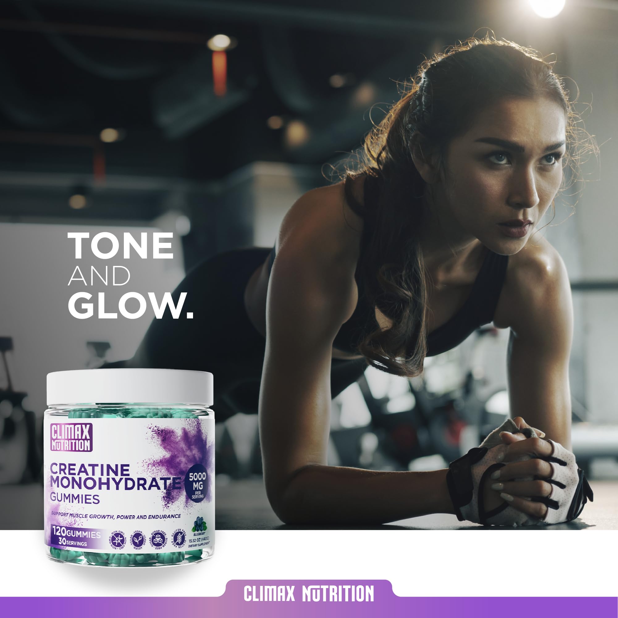 Creatine Monohydrate Gummies - Vegan, Sugar-Free, Gluten-Free - Boosts Muscle Recovery, Strength & Lean Muscle Growth - Brain Health Support - for Men & Women - Blueberry Flavor - 120 Gummies CLIMAX NUTRITIONAu supplements