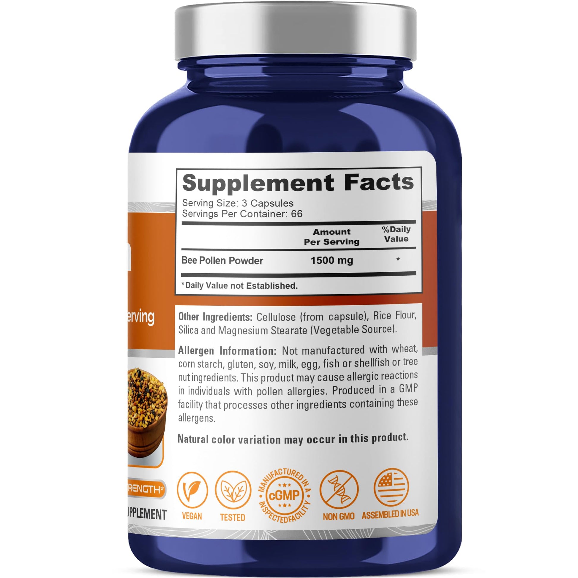 NusaPure Bee Pollen 1500mg 200 Veggie Caps (100% Vegetarian, Non-GMO, Vegan) Naturally Occurring Proteins, Aminoacids NusaPureAu supplements