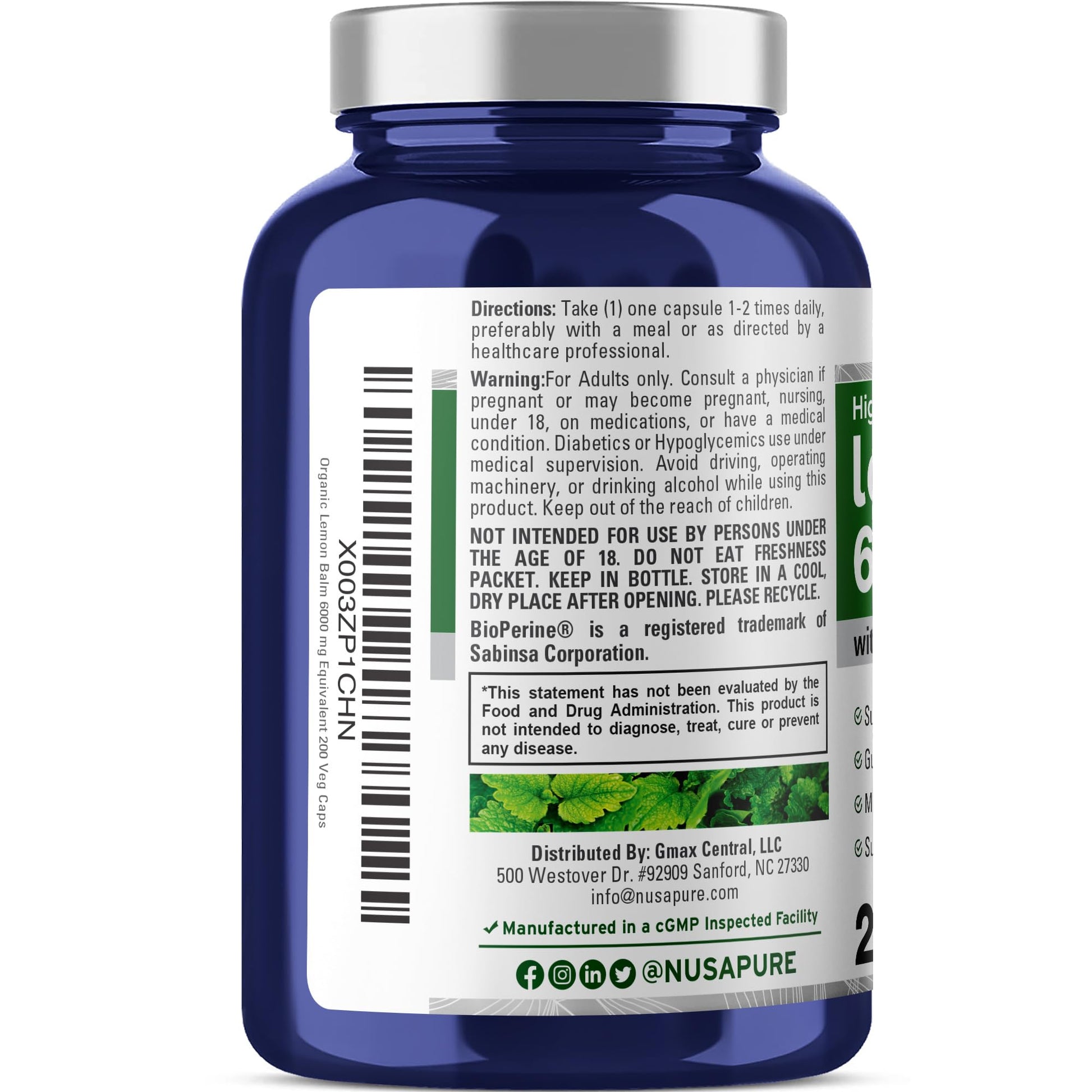 NusaPure Lemon Balm 30:1 Extract, 200 mg Equivalent to 6000mg Per Vegan Caps - 200 Count Non-GMO, Vegan Bioperine NusaPureAu supplements