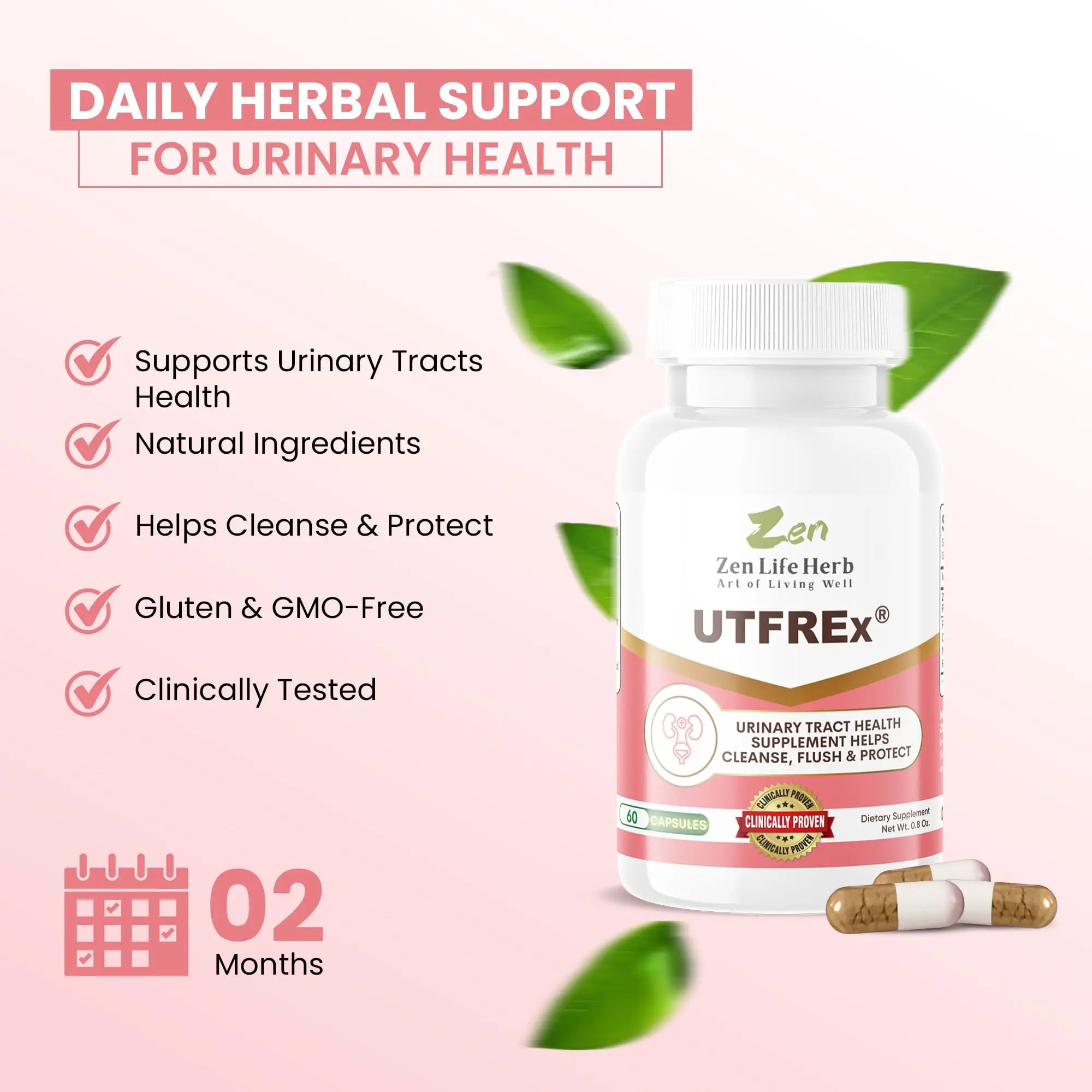 ZEN LIFE HERB UTFREx – Fast Acting - Promotes Urinary Tract Health Supports Healthy Immune and Urinary System, No Vitamins, Minerals, Prebiotics, Sugar, Plant-Based Supplement (60 Capsules) ZEN LIFE HERBAu supplements