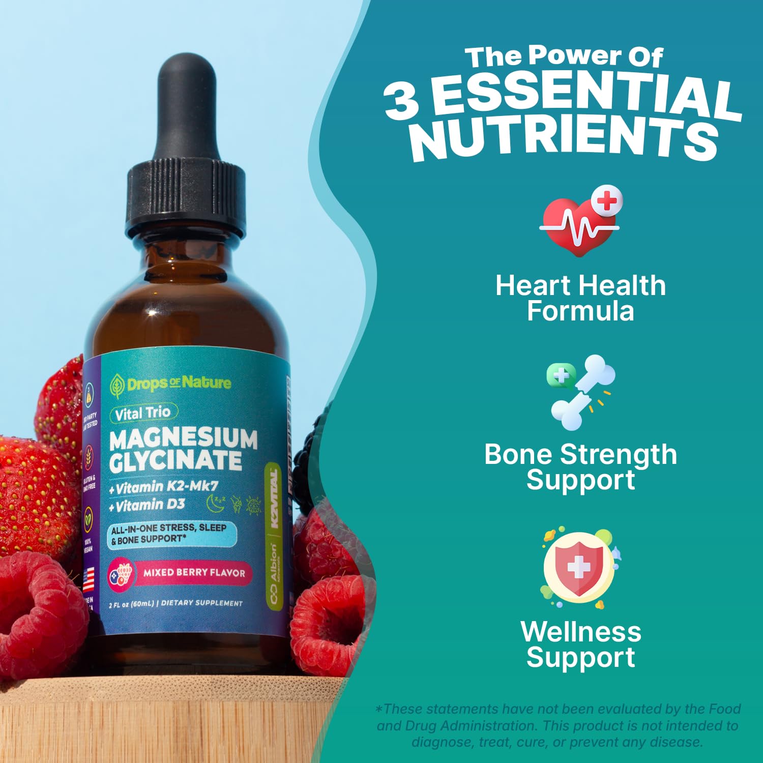 Magnesium Glycinate, Vitamin K2 & D3 Supplement – GMO-Free – VIT D MK7 K2 Vitamin Supplement & Magnesium Blend – with Nutrients for Bone Nutrition & Cardiovascular Function (Mixed Berry, 60 mL) Drops Of NatureAu supplements