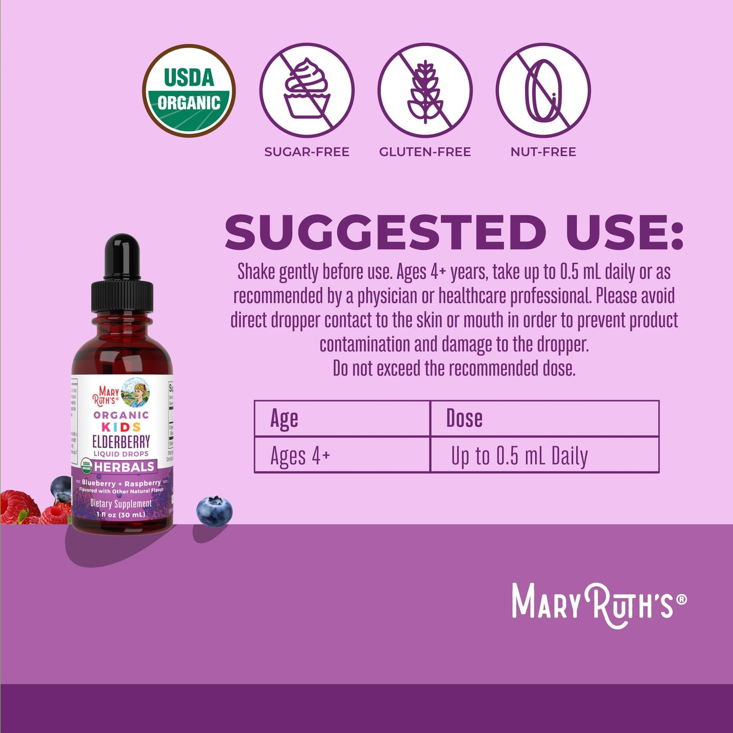 MaryRuth Organics USDA Organic Elderberry Liquid Drops for Kids | Vegan Elderberry Extract Organic Glycerin | Immune Support Supplement | Overall Health | Formulated for Ages 4-13 | 1oz MARYRUTH'SUS supplements