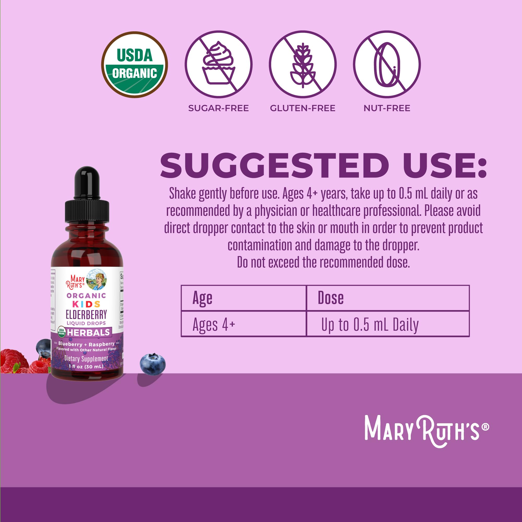 MaryRuth Organics USDA Organic Elderberry Liquid Drops for Kids | Vegan Elderberry Extract Organic Glycerin | Immune Support Supplement | Overall Health | Formulated for Ages 4-13 | 1oz MARYRUTH'SUS supplements