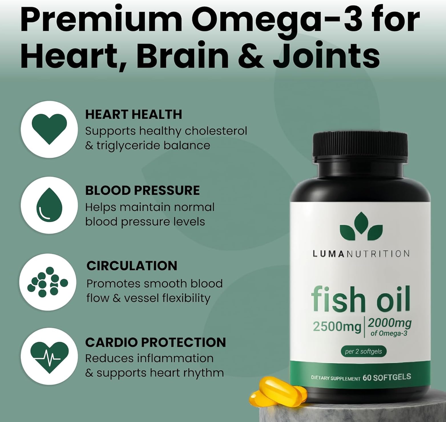 Luma Nutrition Omega 3 Fish Oil Supplement - Extra Strength 2500mg Per Serving - 2000mg EPA & DHA Per Serving - Brain and Heart Health - 60 Softgels, 30 Servings Luma NutritionAu supplements