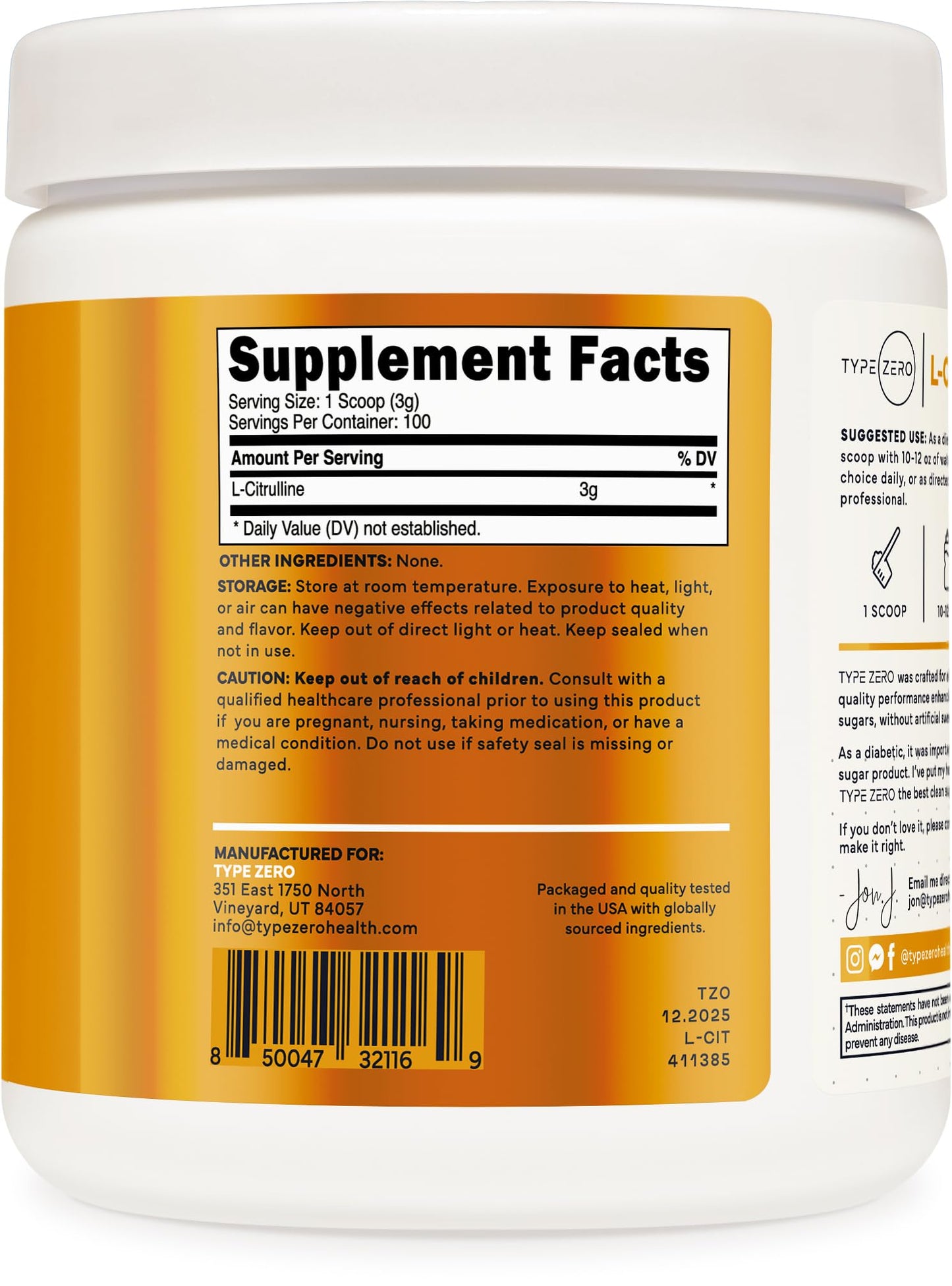Type Zero L-Citrulline Base Powder, 3,000mg Per Serving - 100 Servings Type ZeroUS supplements
