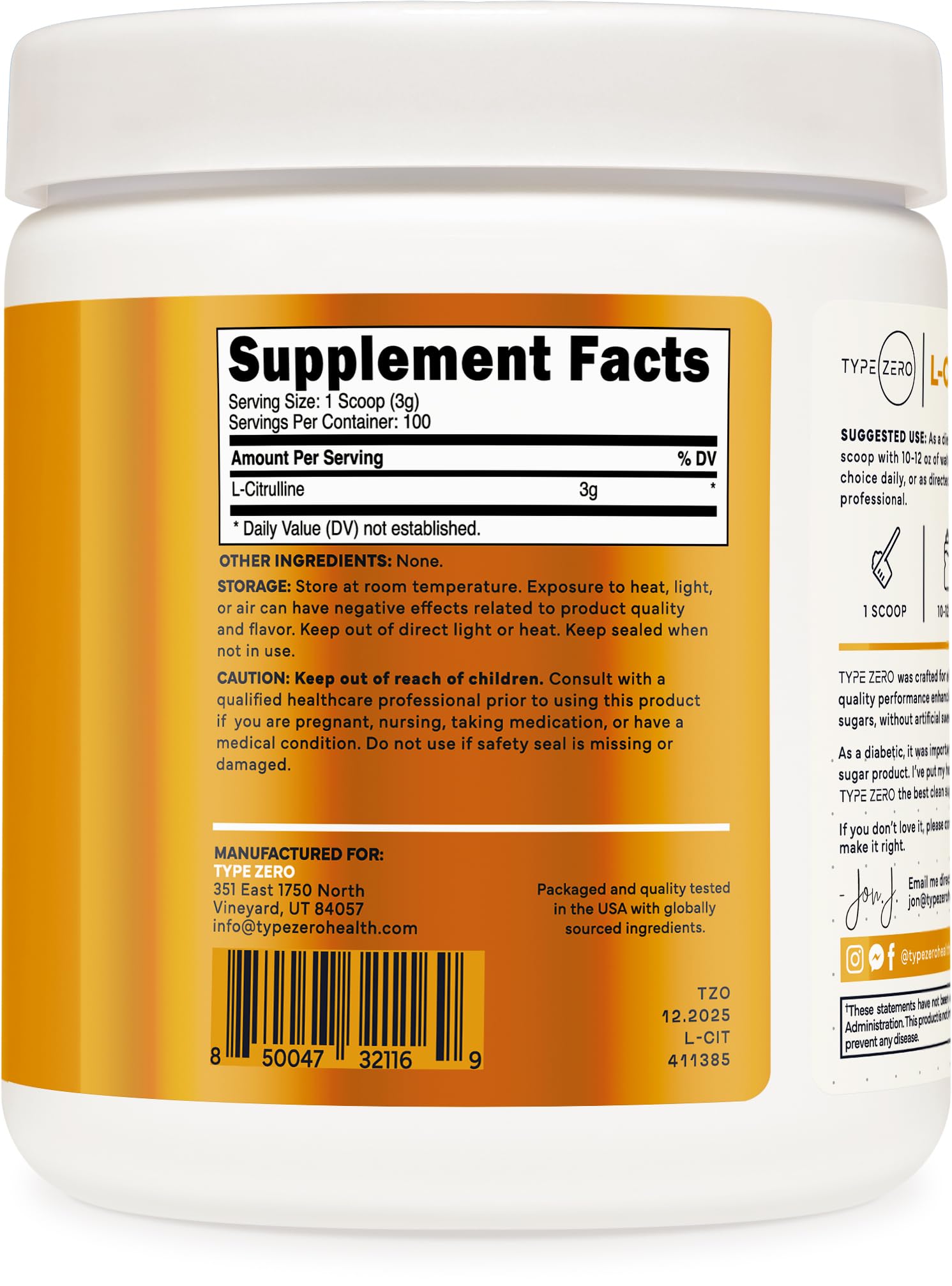 Type Zero L-Citrulline Base Powder, 3,000mg Per Serving - 100 Servings Type ZeroUS supplements