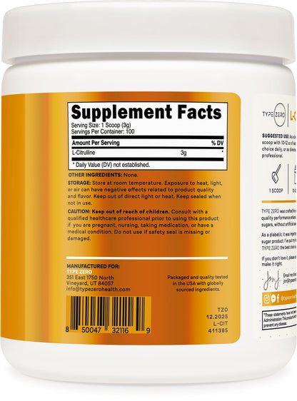 Type Zero L-Citrulline Base Powder, 3,000mg Per Serving - 100 Servings Type ZeroUS supplements