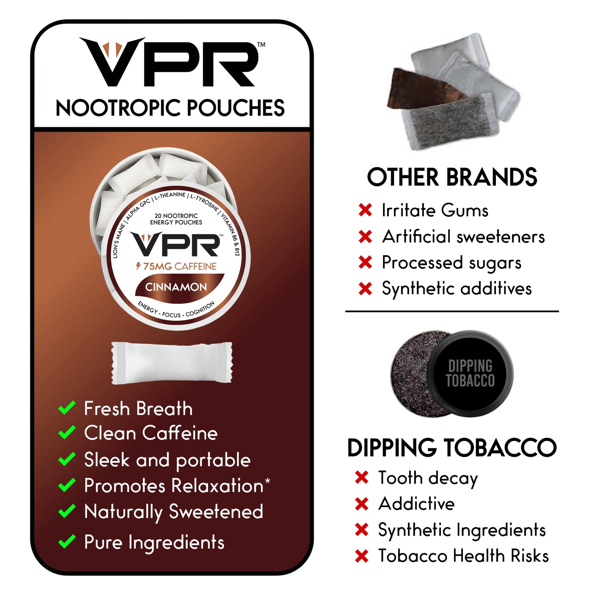 VPR 75MG Caffeine Nootropic Pouches | 20 Count Energy Pouches with Lion's Mane, Alpha-GPC, Vitamin B6 & B12, L-Theanine, and L-Tyrosine | Naturally Flavored Focus Pouches with No Sugar (Variety Pack) VPR EnergyAu supplements