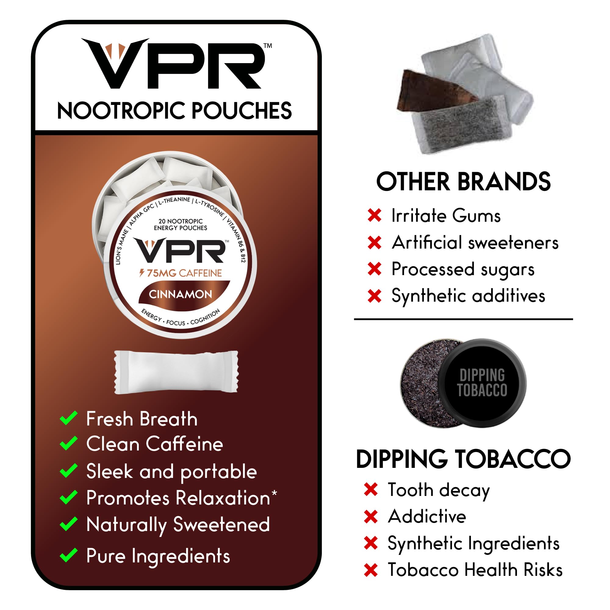 VPR 75MG Caffeine Nootropic Pouches | 20 Count Energy Pouches with Lion's Mane, Alpha-GPC, Vitamin B6 & B12, L-Theanine, and L-Tyrosine | Naturally Flavored Focus Pouches with No Sugar (Variety Pack) VPR EnergyAu supplements