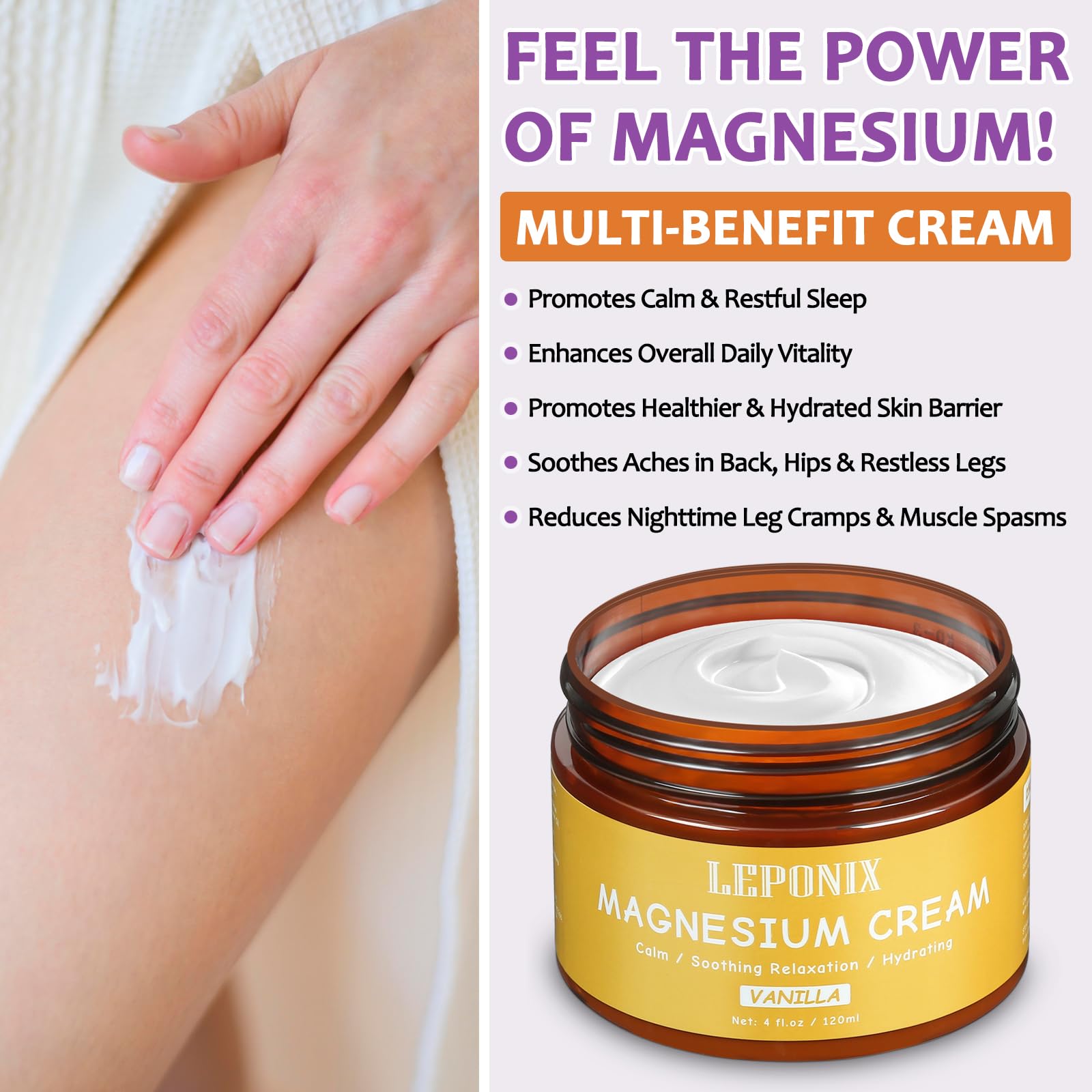 Magnesium Cream for Sleep & Muscle Recovery - Soothing Topical Magnesium Lotion for Leg Cramps, Joint Comfort, Pain Relief - Relaxing Magnesium Body Butter for Men Women Kids (120ml, Vanilla) LEPONIXAu supplements