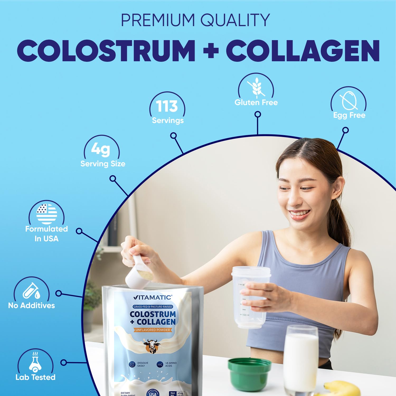 Vitamatic Bovine Colostrum + Collagen Powder - Supplement for Gut Health, Hair Growth, Beauty, Muscle Recovery, & Immune Support - Easy to Mix - Unflavored - 454 Gram, (16 oz) VitamaticAu supplements