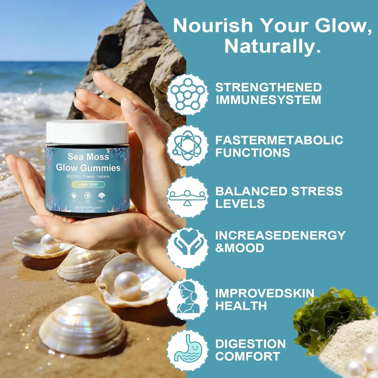HICFRWE Sea Moss Glow Gummies - Hair Gummies with Vitamin C, Vitamin E, Aloe Vera, Pearl Powder Supports Faster Hair Growth HICFRWEAu supplements