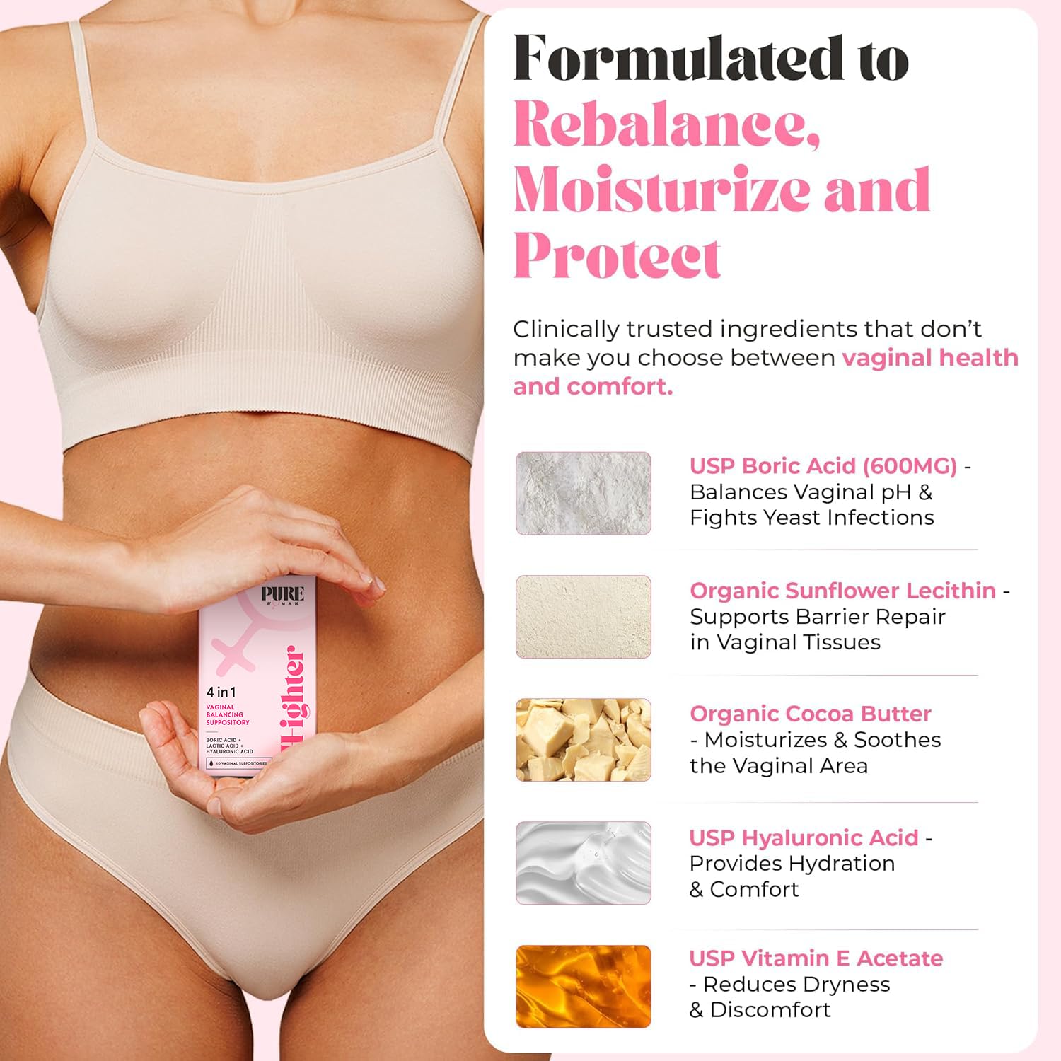 PURE WOMAN - pH-ighter Vaginal Boric Acid Suppositories for Women - Hyaluronic Acid - 4 in 1 Vaginal Suppositories for Discomfort, Dryness, Odor & pH Balance- Full Vaginal Health Care - 7pk PURE WOMANUS supplements