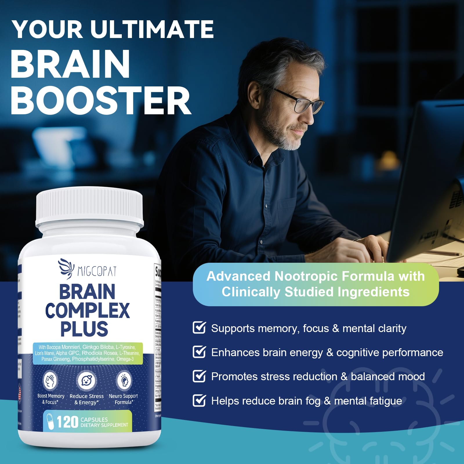 Brain Supplements for Memory & Focus - Nootropic with Bacopa Monnieri, Lion's Mane, Alpha GPC, Phosphatidylserine | Supports Mental Clarity & Cognitive Function | Vitamin B6 & B12-120 Capsules MigcopatAu supplements