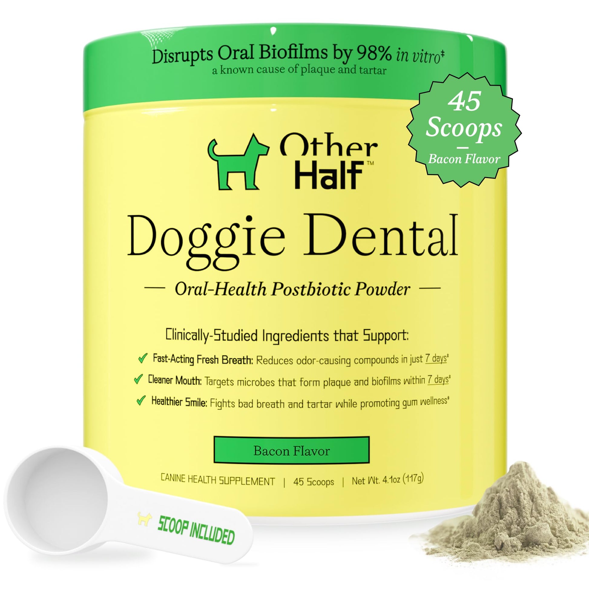 OTHER HALF Doggie Dental Supplement Powder - Dog Breath Freshener & Teeth Cleaning Made Easy - Oral Health Postbiotic for Dogs - Targets Tartar, Plaque & Bad Breath | 45 Scoops, Bacon Flavor OTHER HALFAu supplements
