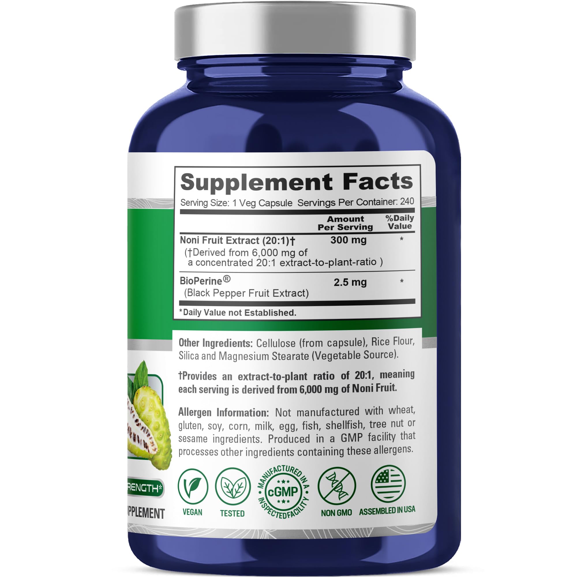 NusaPure Noni Fruit 20:1 Extract, 300 mg Equivalent to 6,000 mg 240 Capsules Suitable for Vegetarian/Vegan, Non-GMO NusaPureAu supplements