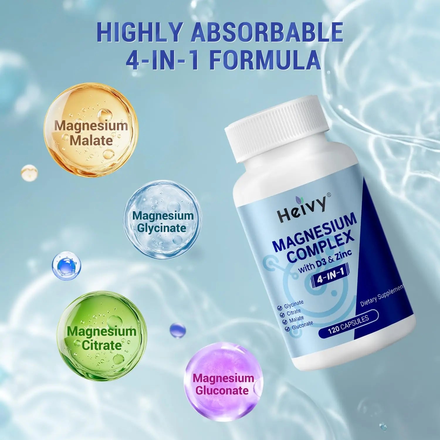 Heivy 4 in 1 Magnesium Complex with Zinc & Vitamin D3, 320mg Elemental Magnesium (Glycinate/Citrate/Gluconate/Malate), 120 Capsules (4 Months Supply), Vegan, Non-GMO, Gluten-Free, 3rd Party Tested Heivynz supplements