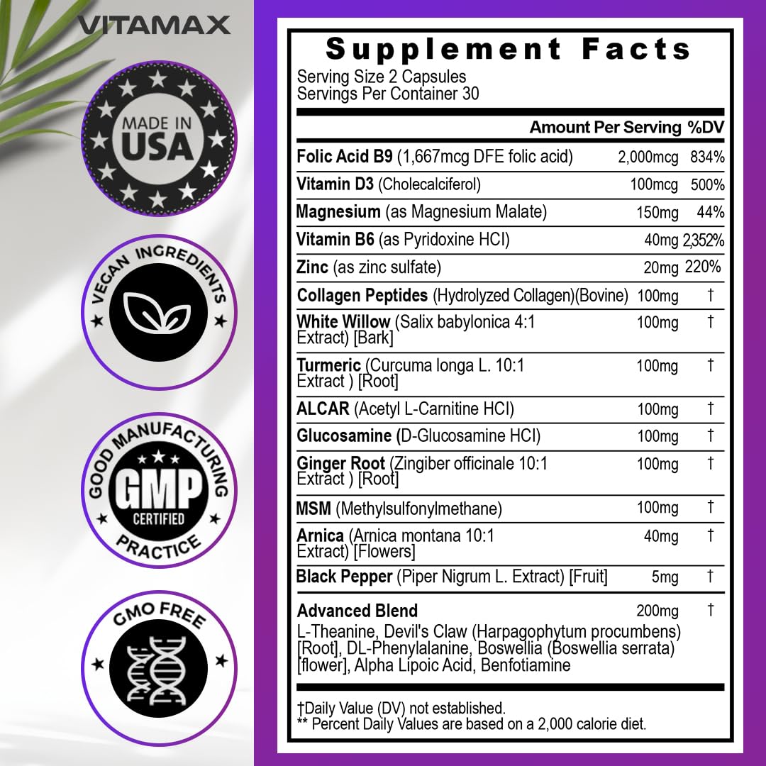 Sciatic Nerve Health Support - Sciatic Nerve Supplement Capsules with Folic Acid, Pea, Glucosamine, MSM, Vitamin B Complex, Alpha Lipoic Acid 300mg – 60ct – Made in USA VitamaxAu supplements