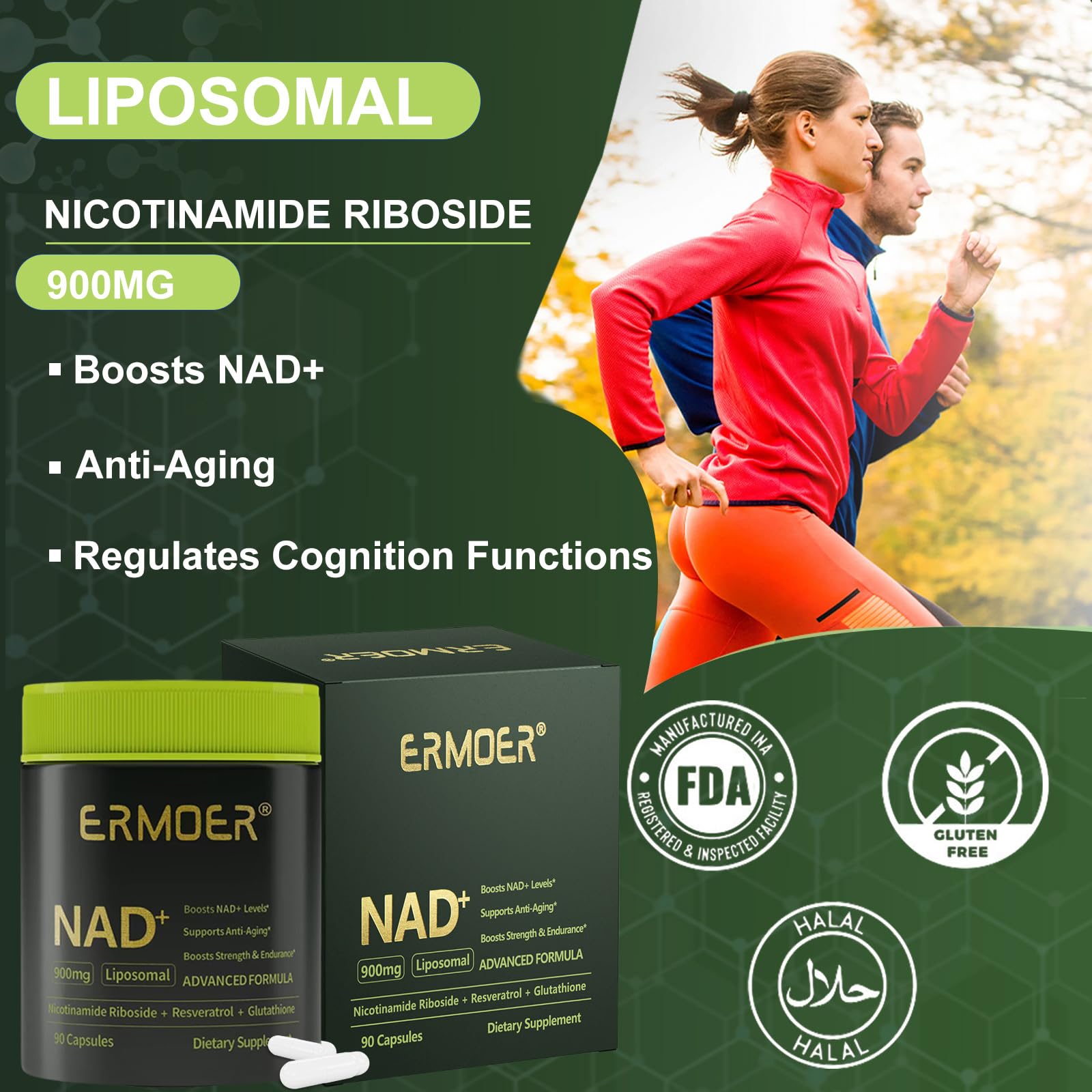 ERMOER NAD Liposomal Nicotinamide Riboside with Resveratrol & Quercetin 900mg, NAD Resveratrol Supplement for Anti Aging, Energy, Antioxidant, Focus (90 Count) ERMOERAu supplements