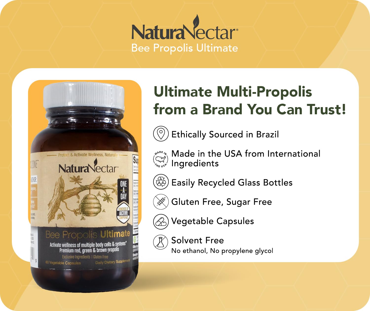 NaturaNectar - Ultimate Bee Propolis Capsules - NSF Contents Certified -Brazilian Red, Brown, & Green - Gluten-Free Supplement with Flavonoids - Naturally Sourced Through Ethical Beekeeping (60pcs.) NaturaNectarAu supplements