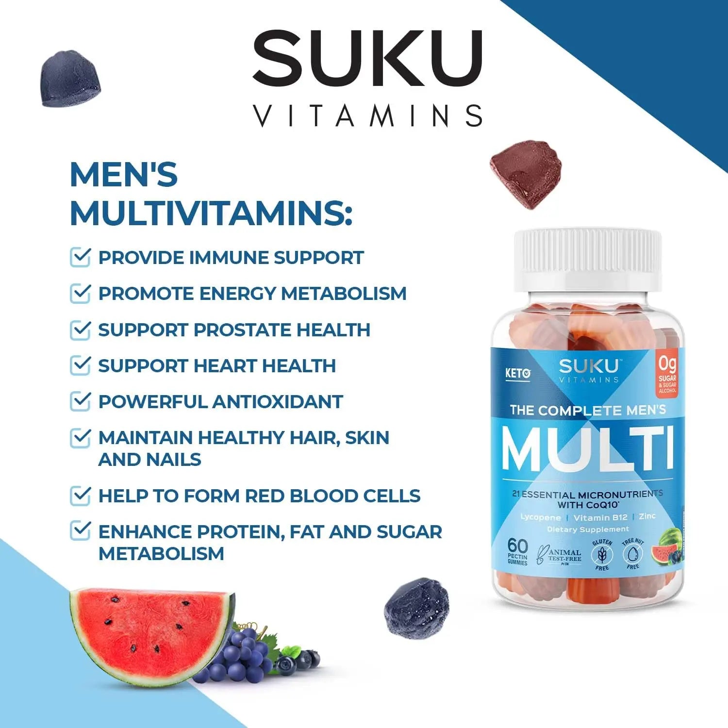 SUKU Men's Daily Multivitamin Gummies – Vitamins A, B12, C, D3, E, Zinc, CoQ10 & Lycopene – Prostate, Heart & Immune Support SUKUAu supplements