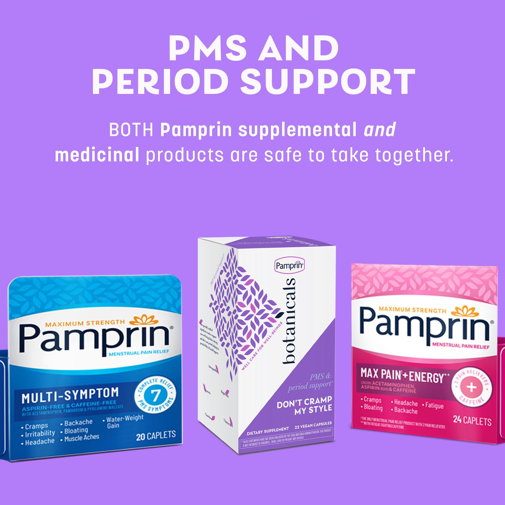 Pamprin Botanicals Supplement for PMS & Period Support, with Ashwagandha, Magnesium, Turmeric, Vitamin B6, Chasteberry, 22 Count PamprinAu supplements