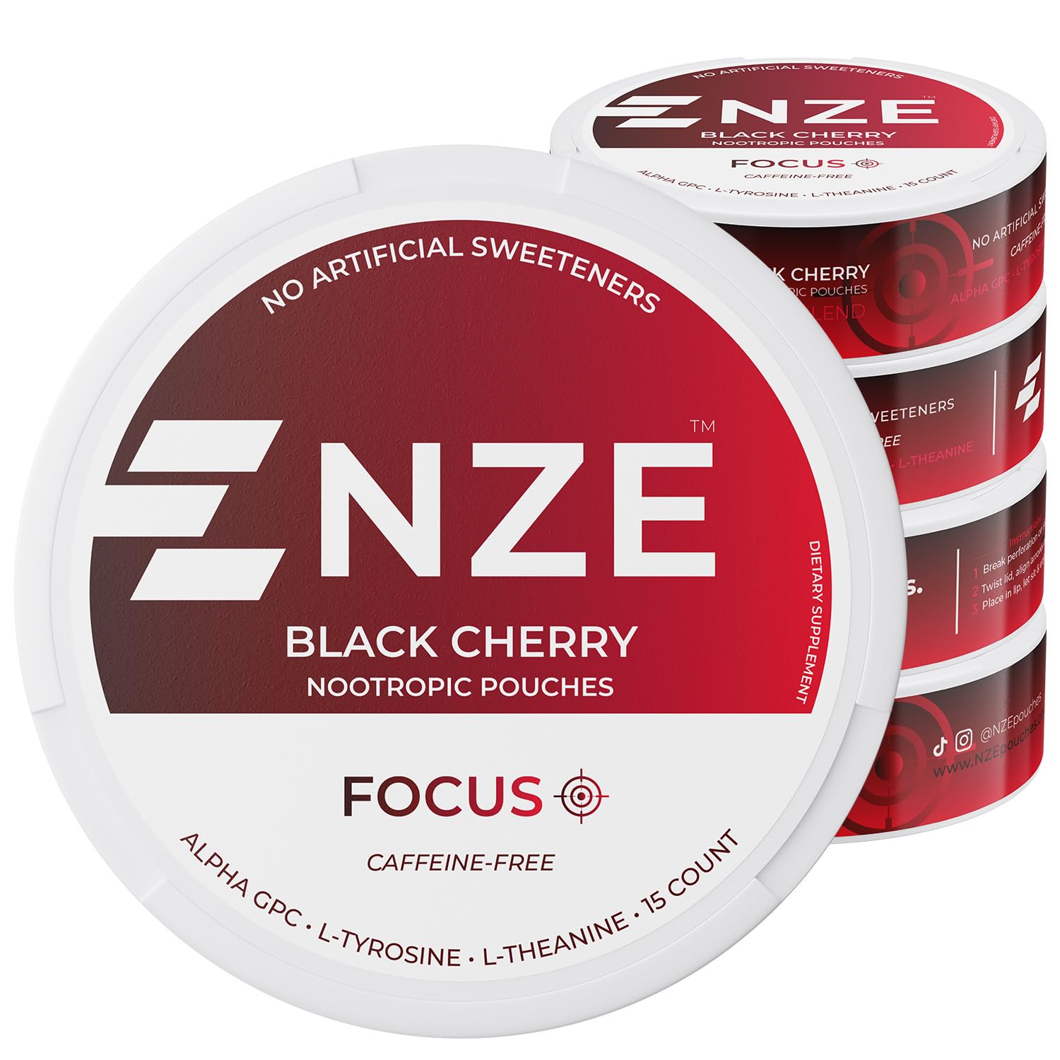 NZE Caffeine Free Nootropic Pouches (Black Cherry) - Nootropic Pouches with Alpha GPC, L-Tyrosine & L-Theanine - No Sugar or Artificial Sweeteners - 15 Pouches Per Can - 5 Pack NZEAu supplements