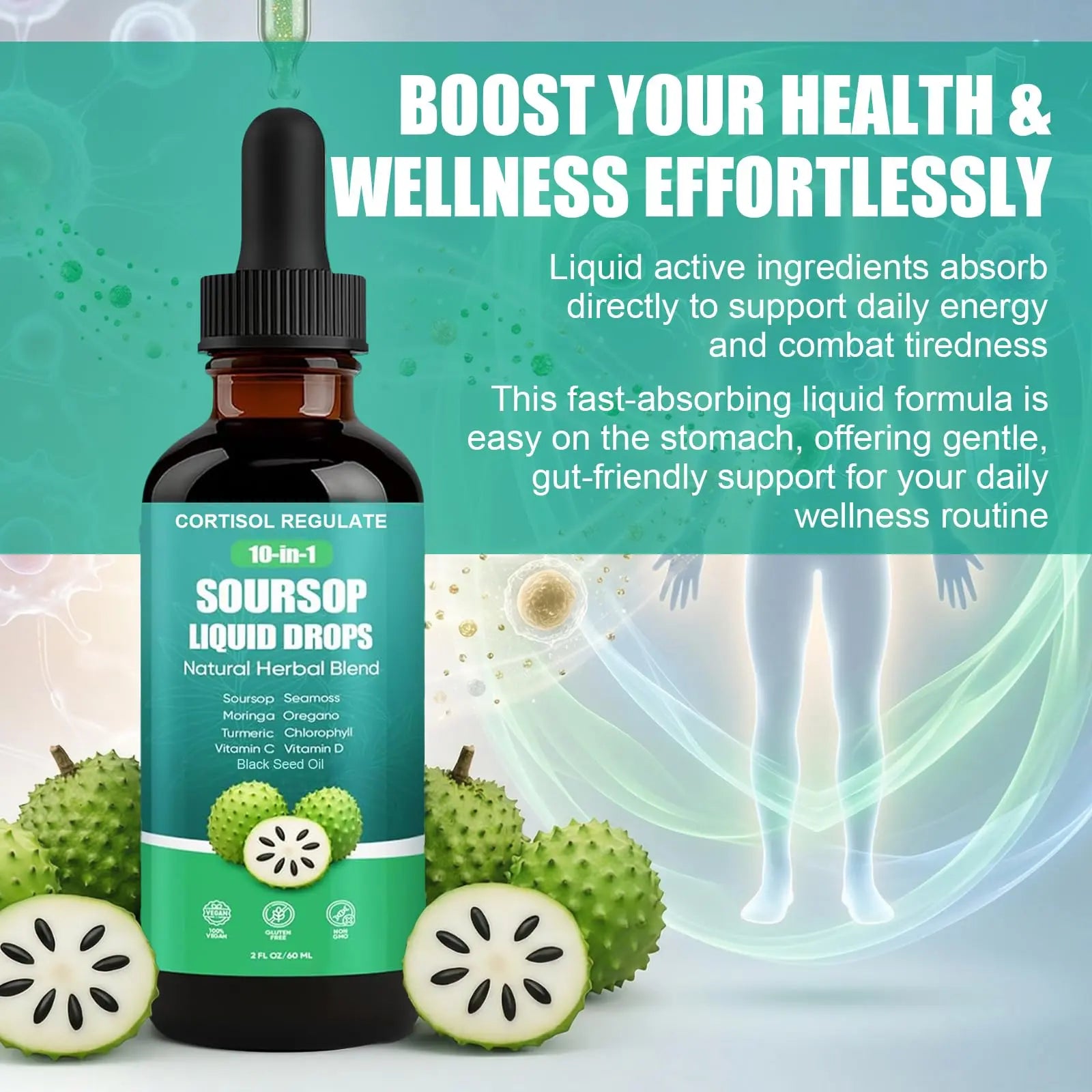 CORTISOL REGULATE Soursop Liquid Drops, 10-in-1 Blend with Sea Moss, Moringa, Turmeric, Black Seed Oil, Oregano, and More, 2 fl oz (1 Pack) CORTISOL REGULATEAu supplements