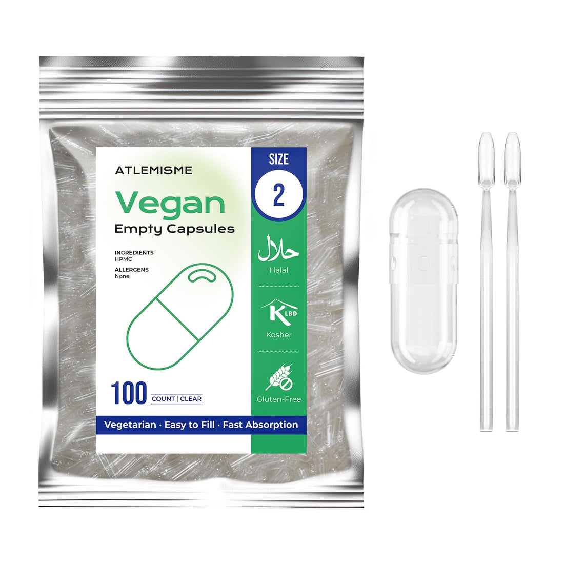 ATLEMISME Empty Vegan Capsules Size 2 - Empty (100 Count) DIY Filling - Veggie Capsules with 2 Micro Lab Spoons for Filling ATLEMISMEAu supplements