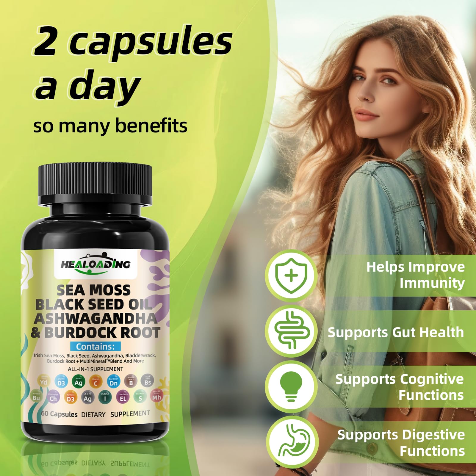 HEALOADING Sea Moss Capsules：Wildcrafted Organic Irish Seamoss & Bladderwack - Rich in Minerals, Supports Thyroid Health, Digestion, Skin & Immune System - Vegan, Non-GMO HEALOADINGAu supplements