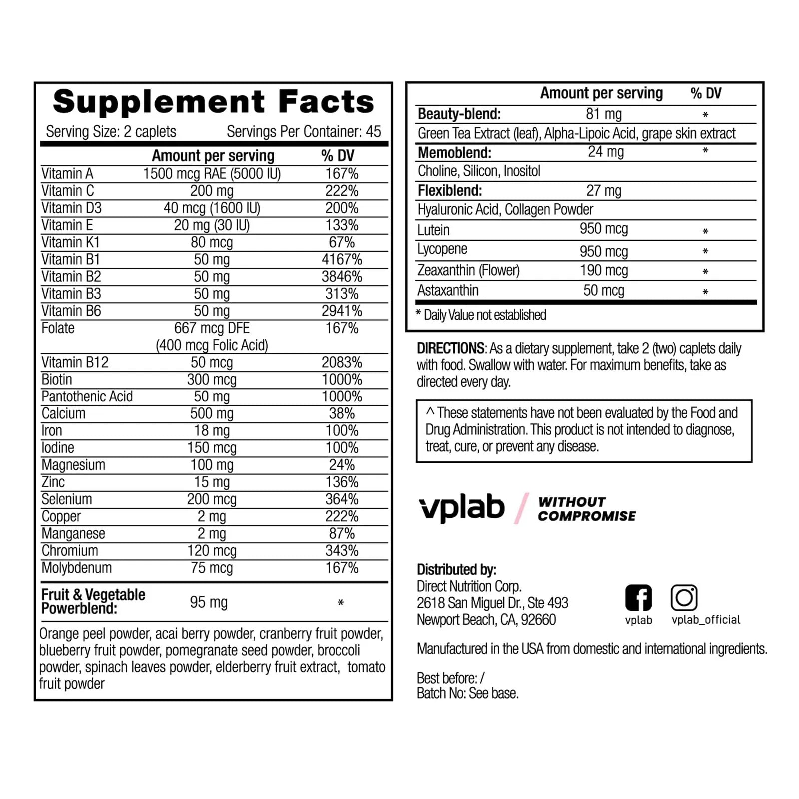 VPLab Ultra Women's Multivitamin Formula - Supplement for Hair, Skin & Nails with Biotin, Iron, Vitamin B, D, C & Zinc, Folate vplab nutritionAu supplements
