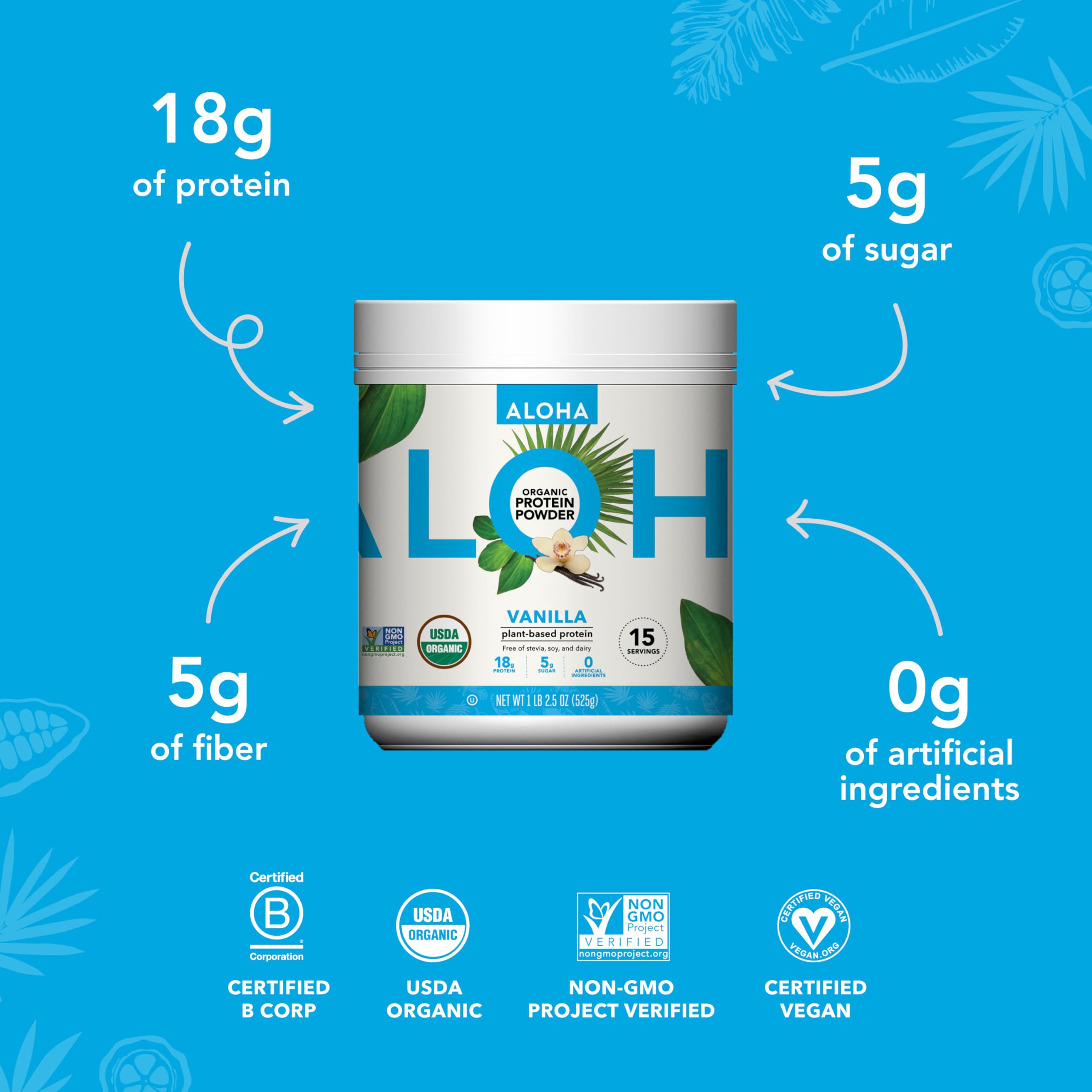 ALOHA Organic Plant Based Protein Powder, Stevia Free, Vanilla, 19.6 oz, 15 Servings PACKAGING MAY VARY