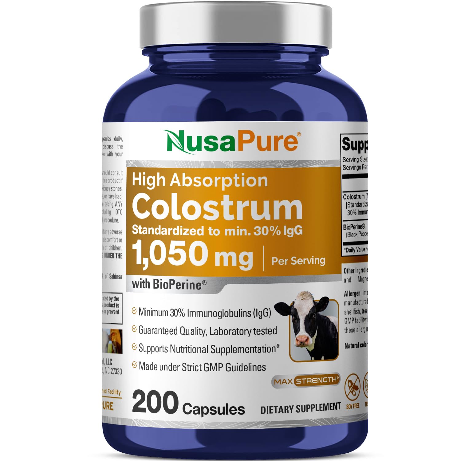 NusaPure Colostrum 1050mg 30% IgG 200 capsules (Non-GMO, Soyfree) Bioperine NusaPureAu supplements