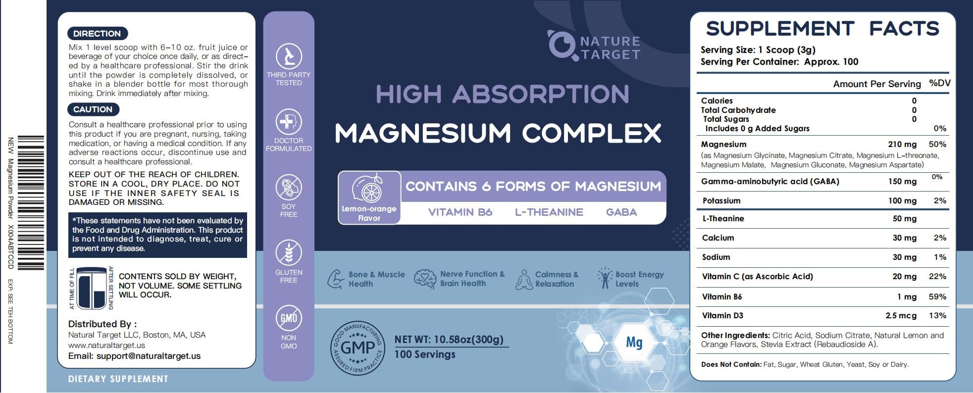 NATURE TARGET Magnesium Powder Supplement with Glycinate, Citrate, Malate, Magnesium Complex with L-Theanine & Vitamin B6 for Muscle, Heart & Brain, Vegan, 10.58 oz (100 Servings), Lemon Orange Flavor NATURE TARGETAu supplements