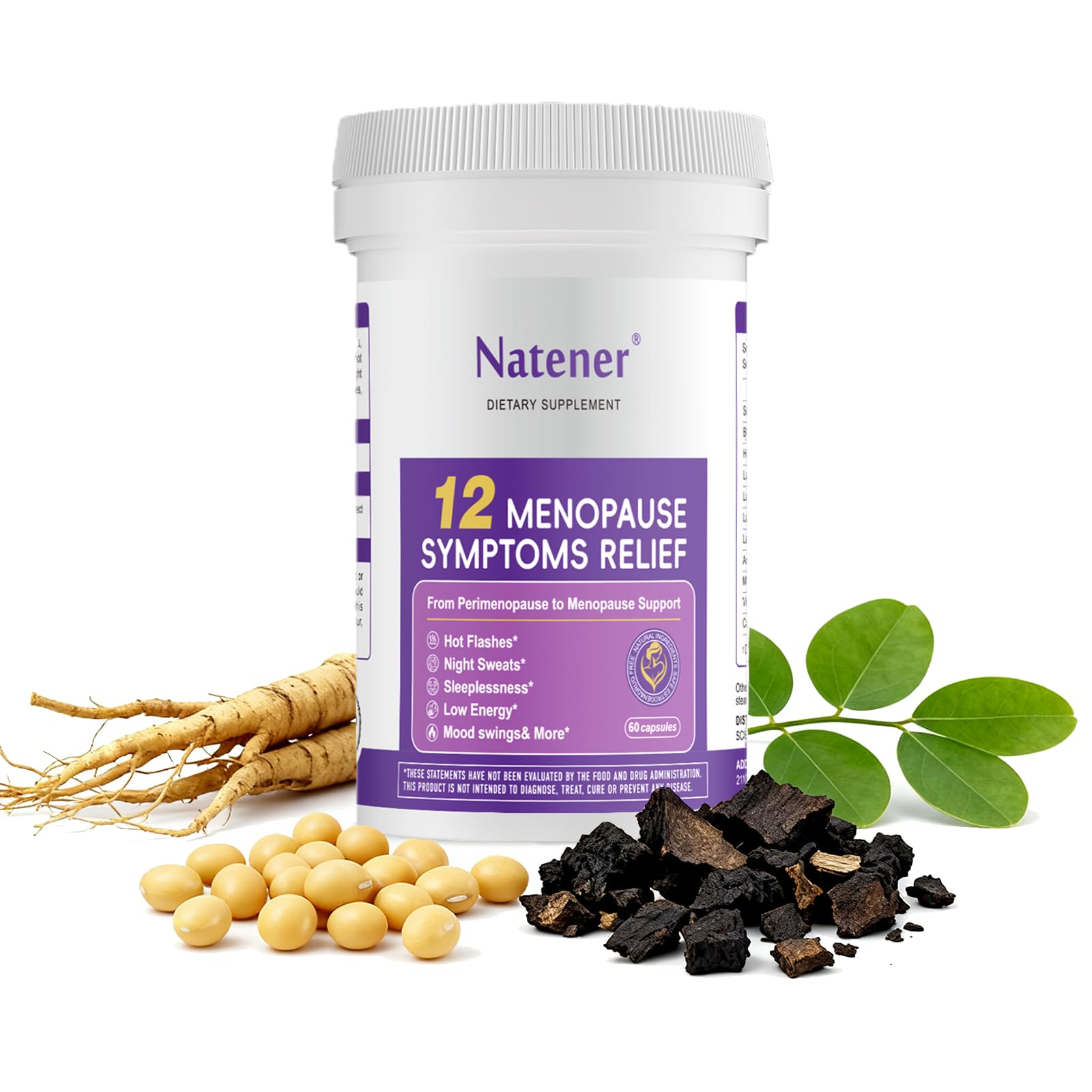Natener Menopause Supplement for Women, Relieves 12 Menopausal Symptoms* | Black Cohosh + Soy Isoflavones + Ashwagandha + Moringa | for Alleviate Hot Flashes*, Night Sweats*, Weight* & Mood Swings* NatenerAu supplements