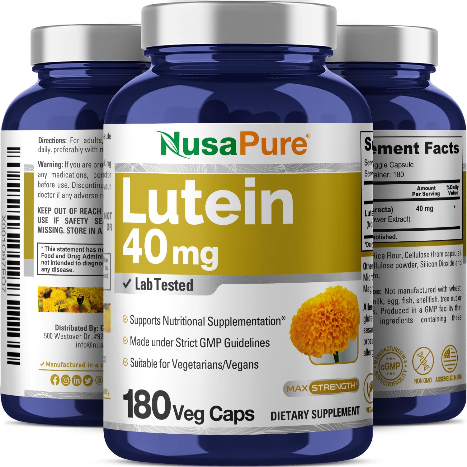 NusasPure Lutein - Suitable for Vegetarian/Vegan, Non - GMO - 40 mg - 180 Capsules NusaPureAu supplements