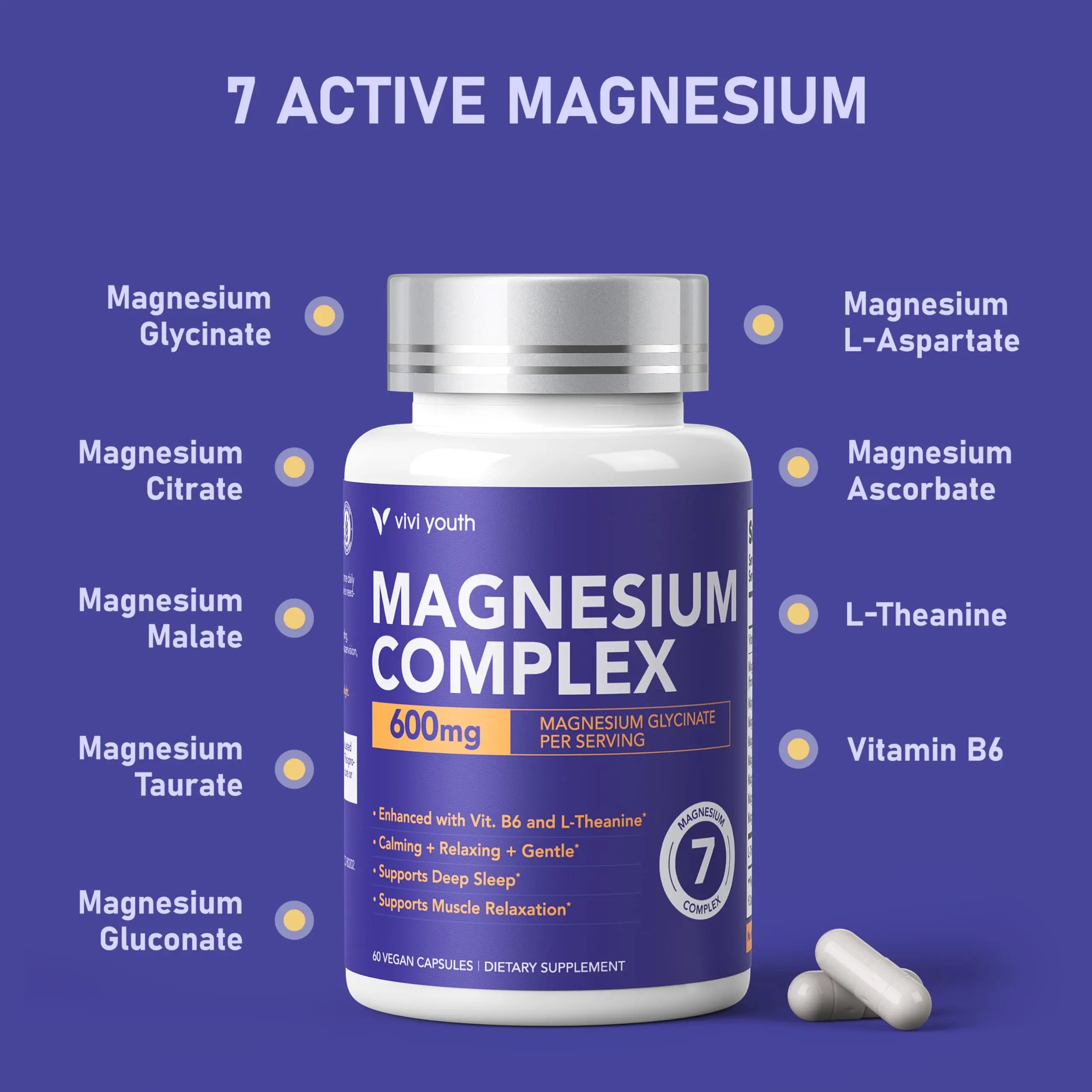 Magnesium 7 Complex for Women 1600mg, Magnesium Glycinate 600mg 7 High Absorption Magnesium Supplement with Citrate, Malate, Chelate, Taurate, Gluconate, Aspartate & Ascorbate for Sleep, 60 Capsules VIVI Youthnz supplements