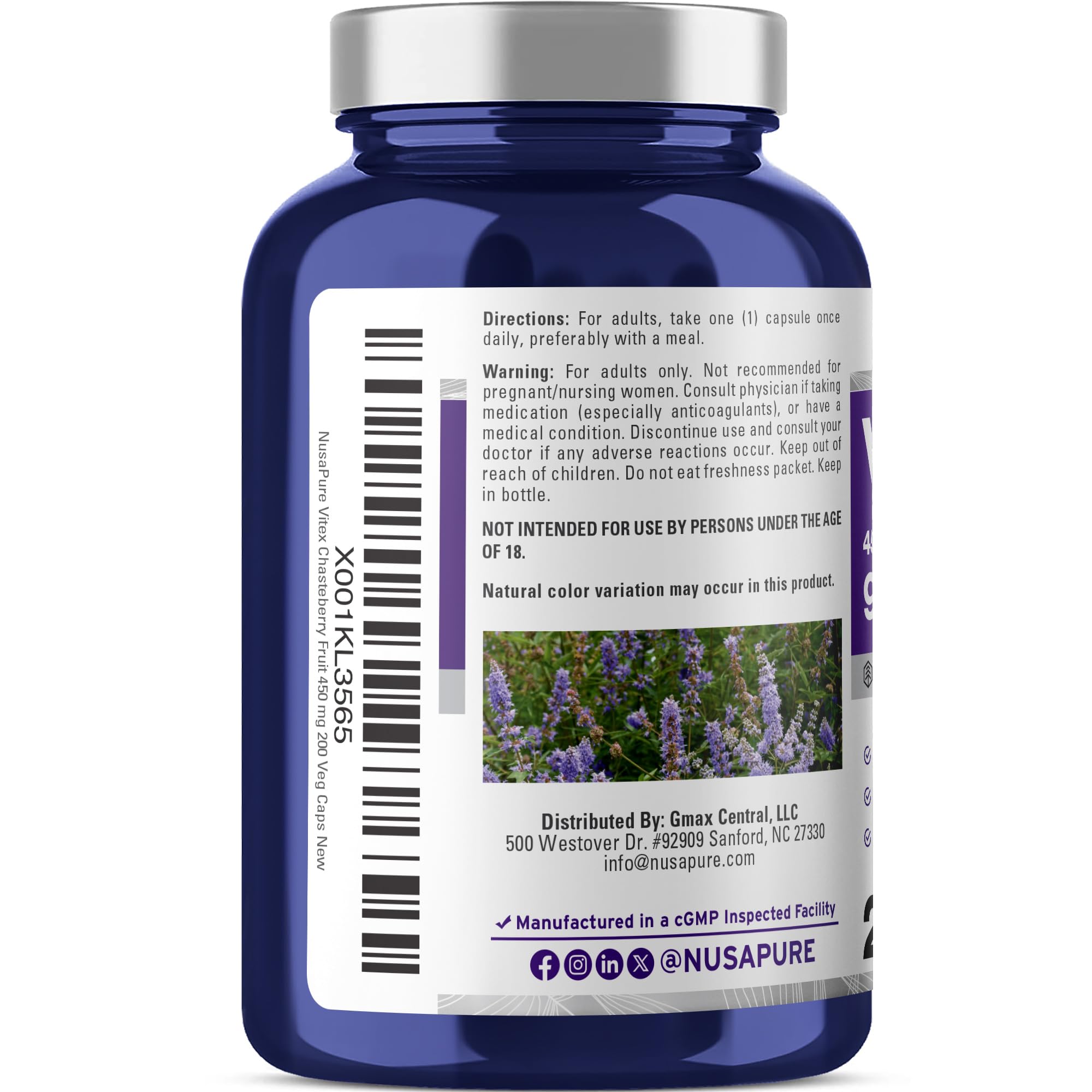 NusaPure Vitex Chasteberry Fruit 20:1 Extract, 450 mg Equivalent to 9,000 mg 200 Vegan Capsules - Non-GMO, Vegan Dietary Supplement NusaPureAu supplements