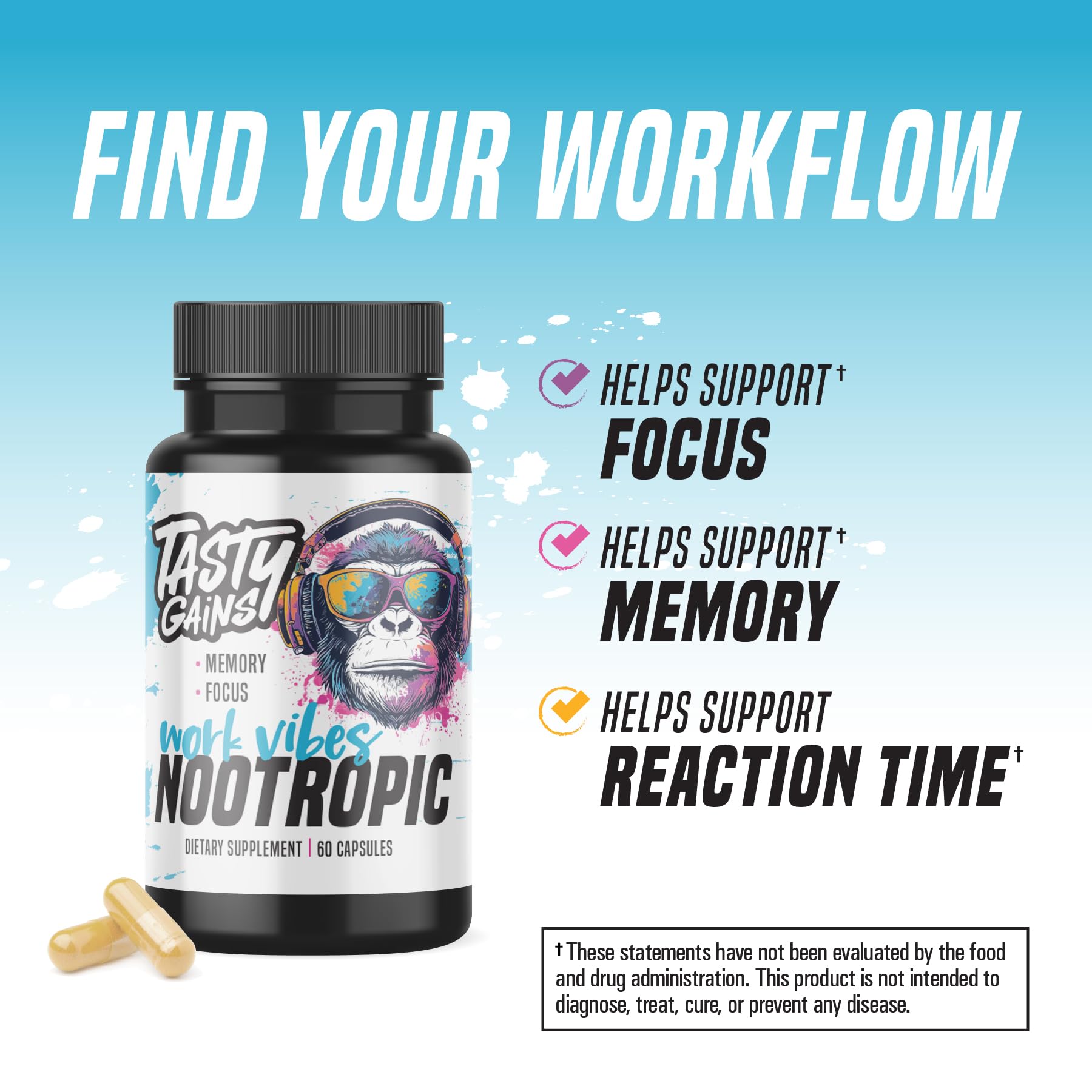 Nootropic Brain Supplement for Memory and Focus - Vitamin for Mental Health & Brain Health with L-Theanine, Rhodiola Rosea & Phosphatidylserine - Memory, Mental Clarity & Cognitive Improvement - 60 Ct TASTY GAINSAu supplements