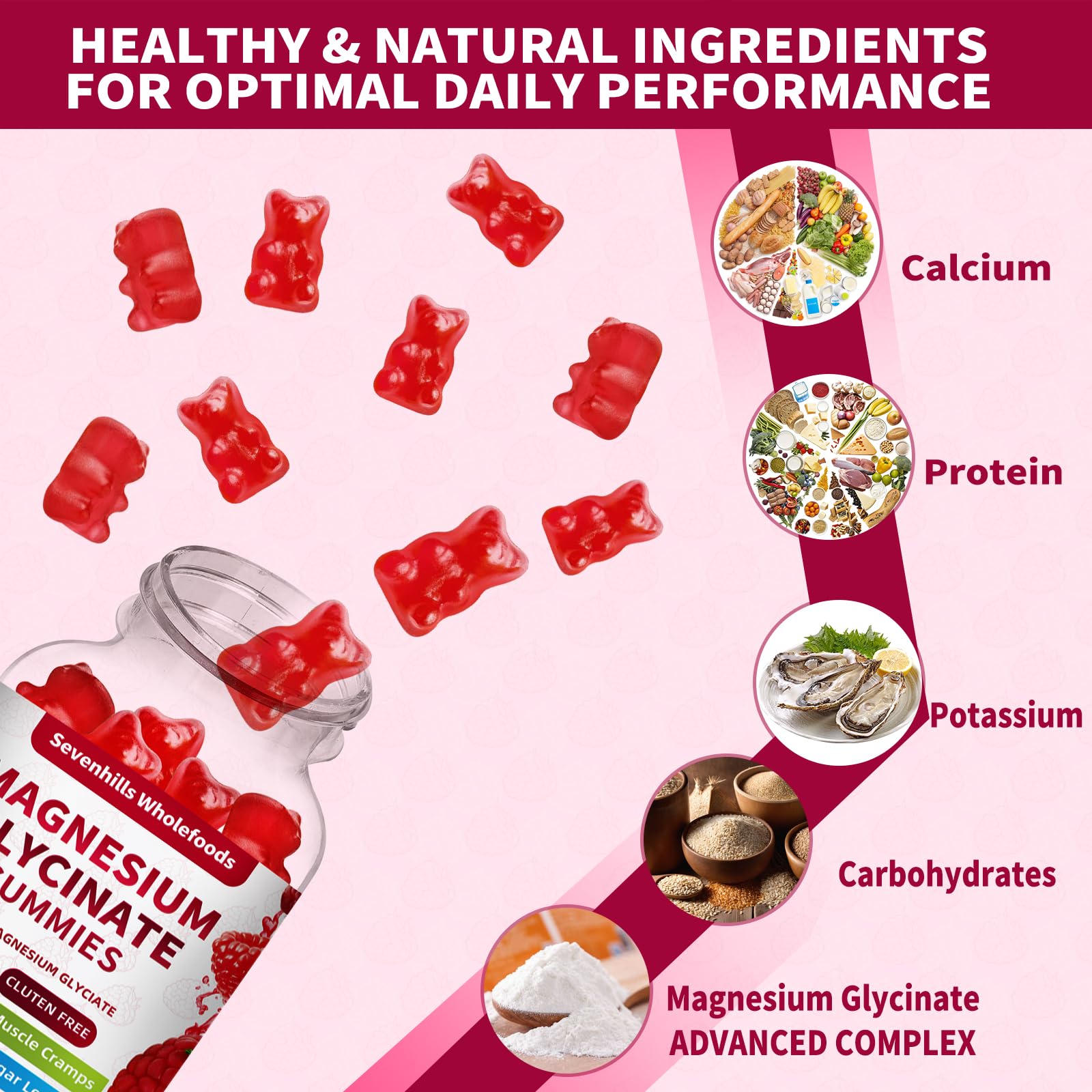Magnesium Glycinate Gummies 1000mg - Sugar Free Magnesium Potassium Supplement for Relaxation, Calm, Stress Relief, and Sleep Support for Adults & Kids - 60 Raspberry Gummies Sevenhills WholefoodsAu supplements