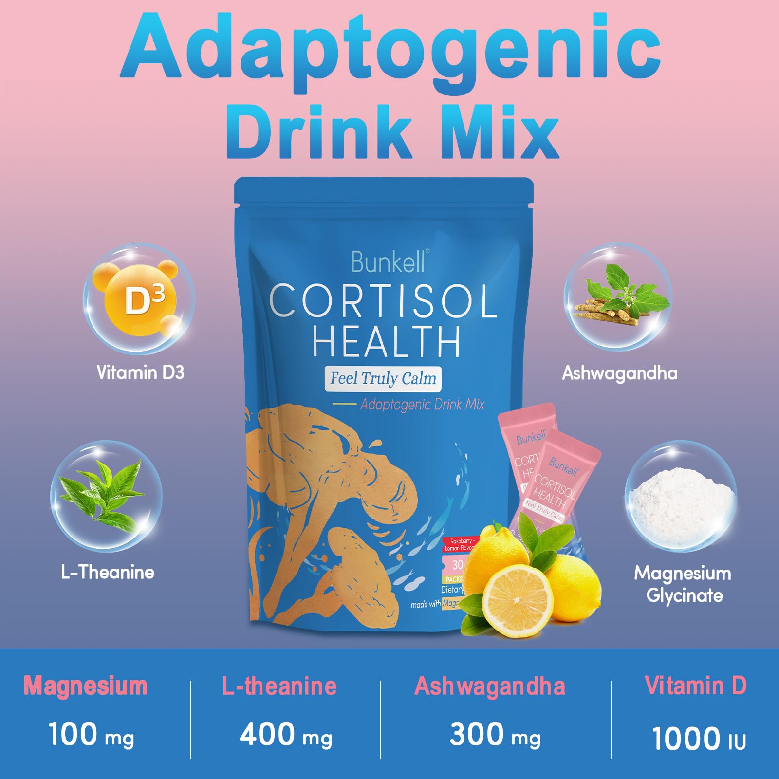 Bunkell Cortisol Powdered Drink Mix, Made with Magnesium Glycinate, L-Theanine, Ashwagandha & Vitamin D3, Cortisol Supplements for Relaxation, Focus & Calm Support, Raspberry Lemonade Flavor, 30 Ct BunkellAu supplements