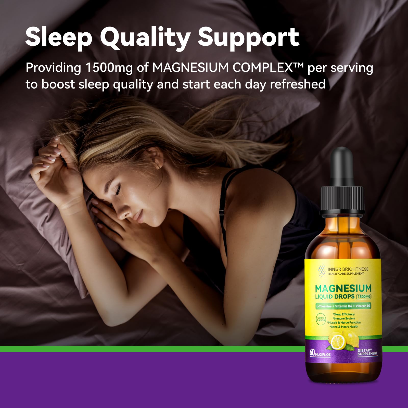 Magnesium Glycinate Liquid Drops 1500mg with Magnesium Citrate & Taurate, L-Theanine, Vitamin D3, B6 - Supports Calm, Sleep, Muscle Relaxation, Leg Cramps & Energy, Lemon Flavor, 60 mL Inner BrightnessAu supplements
