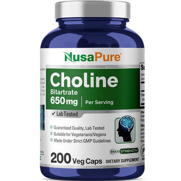 NusaPure Choline Bitartrate - Suitable for Vegetarian/Vegan, Non - GMO - 650 mg 200 Capsules NusaPureAu supplements