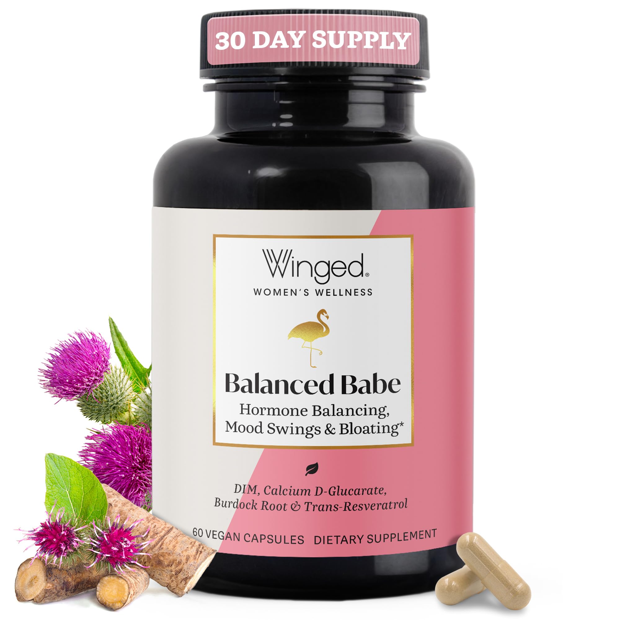 Winged Wellness Balance Babe, Hormone Balance & Estrogen Detox Supplement for Women - 100mg DIM & Calcium D-Glucarate & Milk Thistle for PMS Bloating, Cramps, Mood & Hormonal Acne Support, 60 Capsules Winged WellnessAu supplements