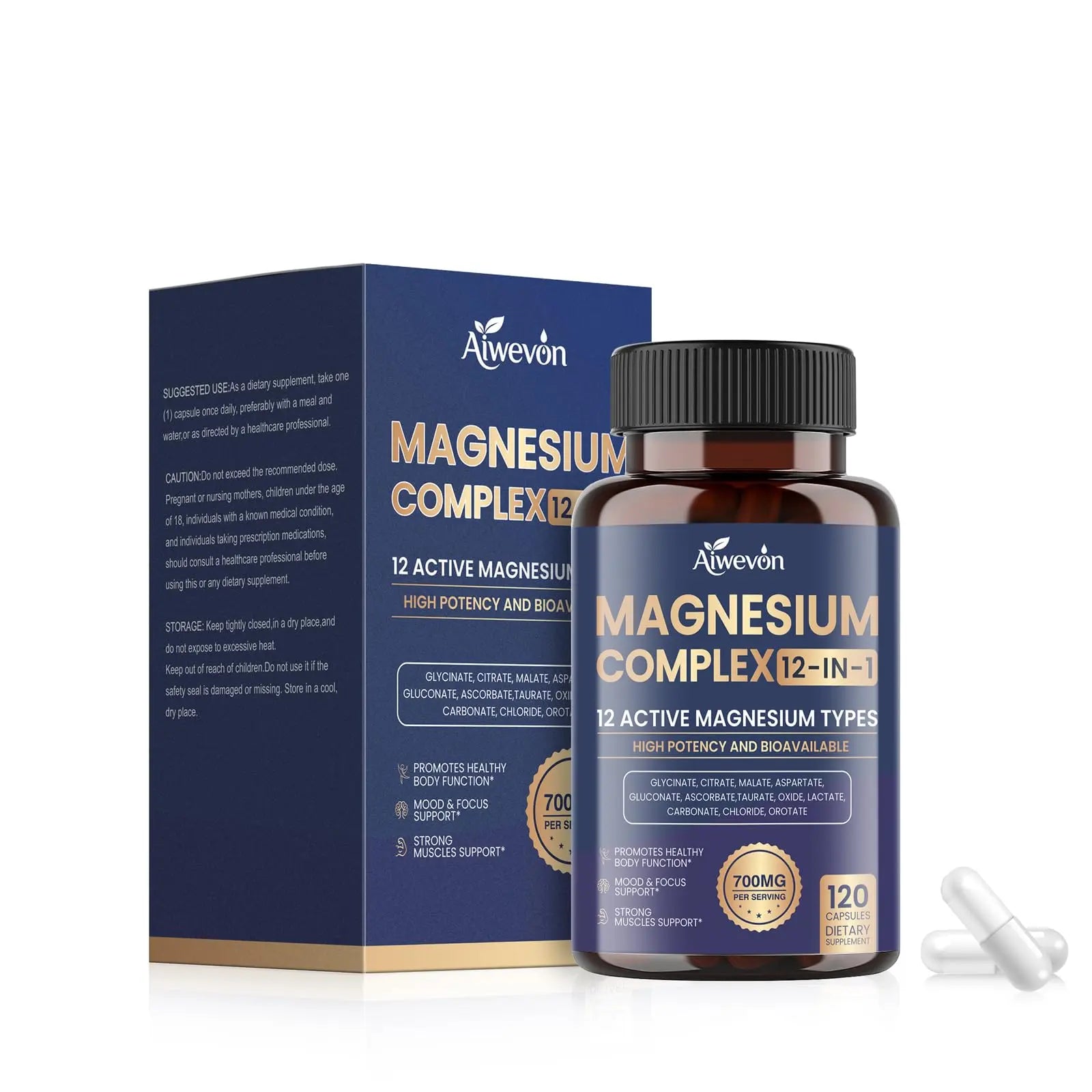 Magnesium Complex 700mg, 12 in 1 Magnesium Supplement with Glycinate, Citrate, Malate, Oxide, Taurate & Orotate, High Absorption Magnesium for Sleep, Muscle, Nerve & Heart Support, Vegan, 120 Capsules AiwevonAu supplements