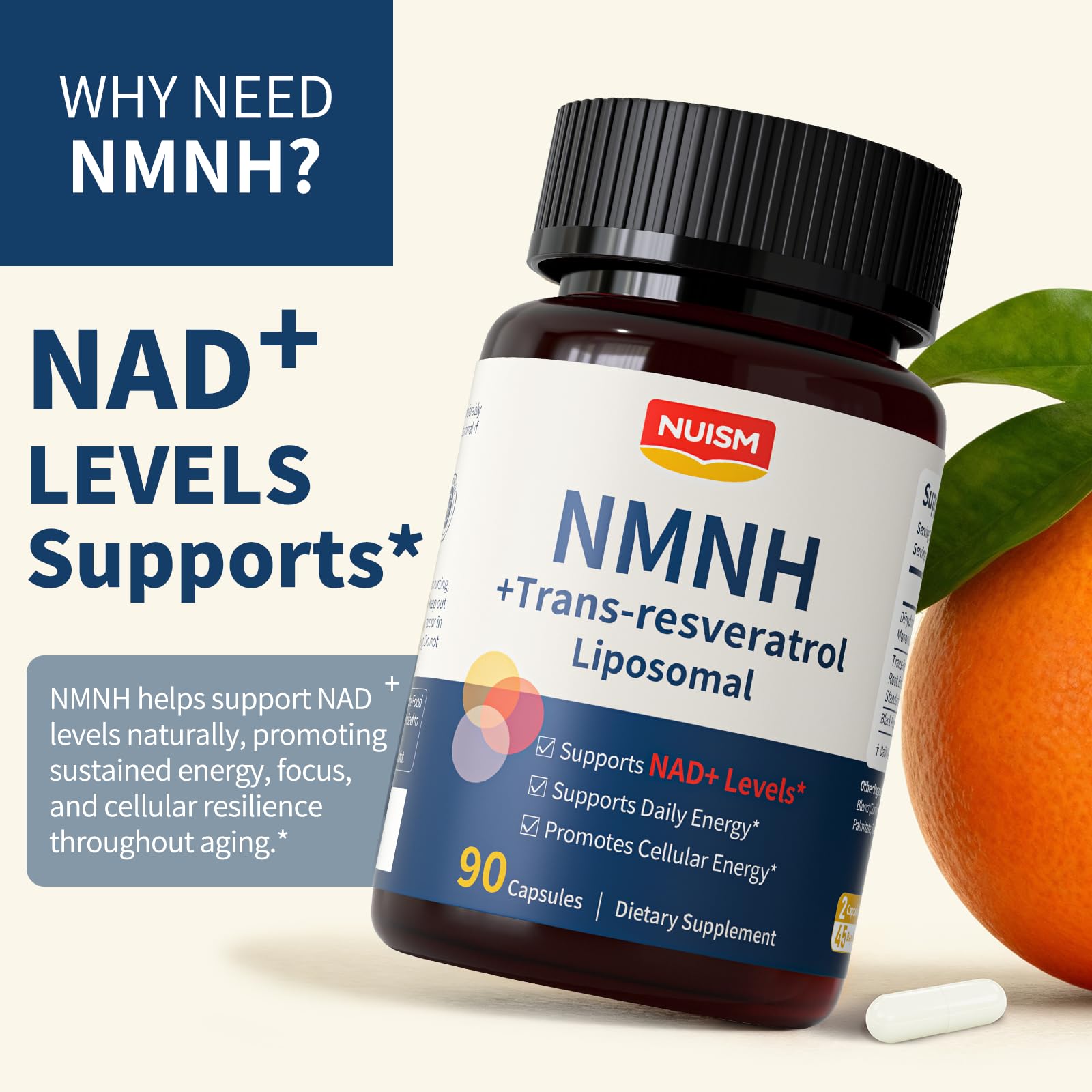 NUISM NMNH NAD+ Supplement, Liposomal 600mg NMN NAD+ and Resveratrol Complex for Cellular Energy, Healthy Aging & Metabolic Support, 90 Capsules NUISMAu supplements