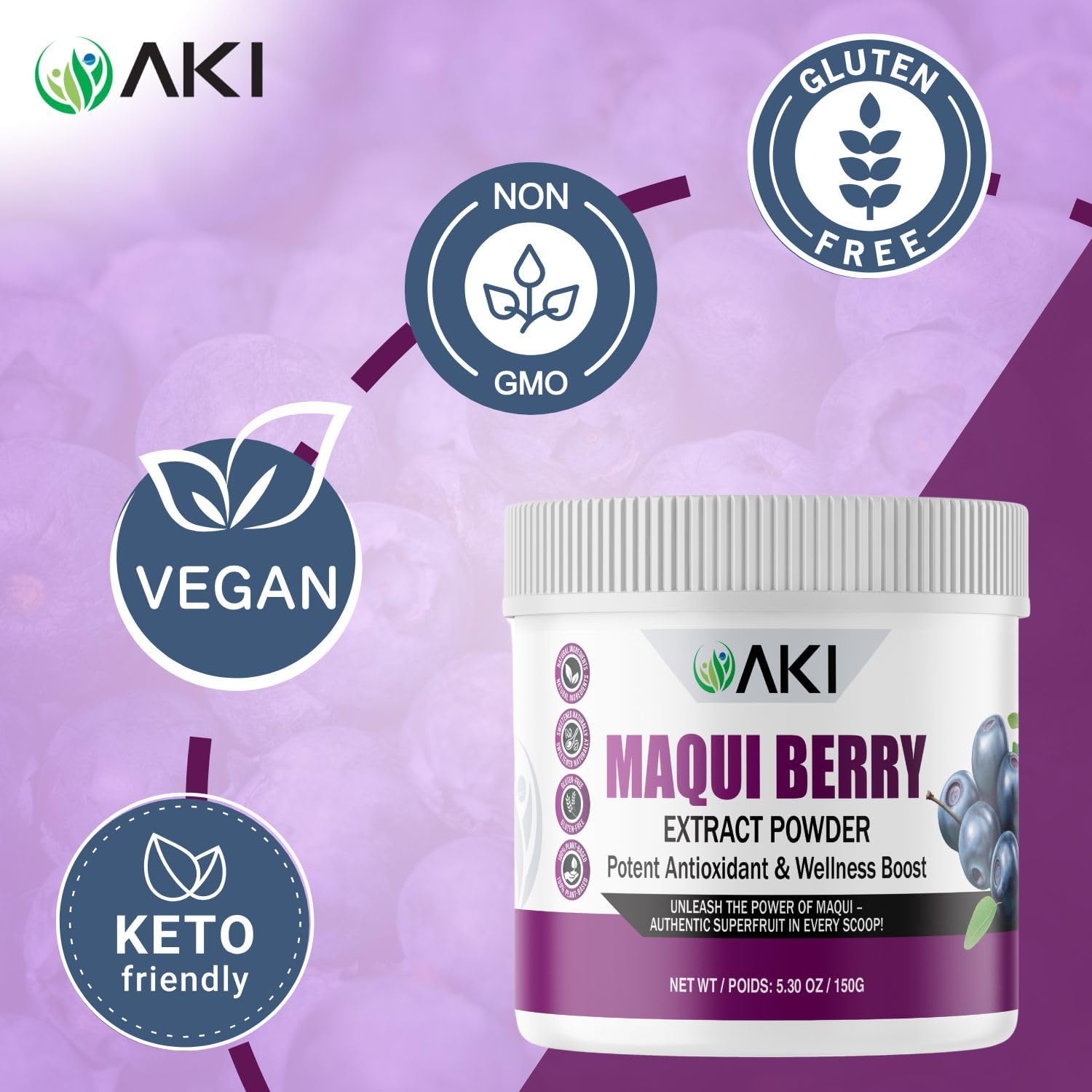 AKI Maqui Berry Extract Powder – Wild Harvested from Patagonia, High in Anthocyanins & Polyphenols, Freeze-Dried Superfruit for Smoothies, Non-GMO, Vegan, 150g/ 5.3 oz AKI ORGANICAu supplements