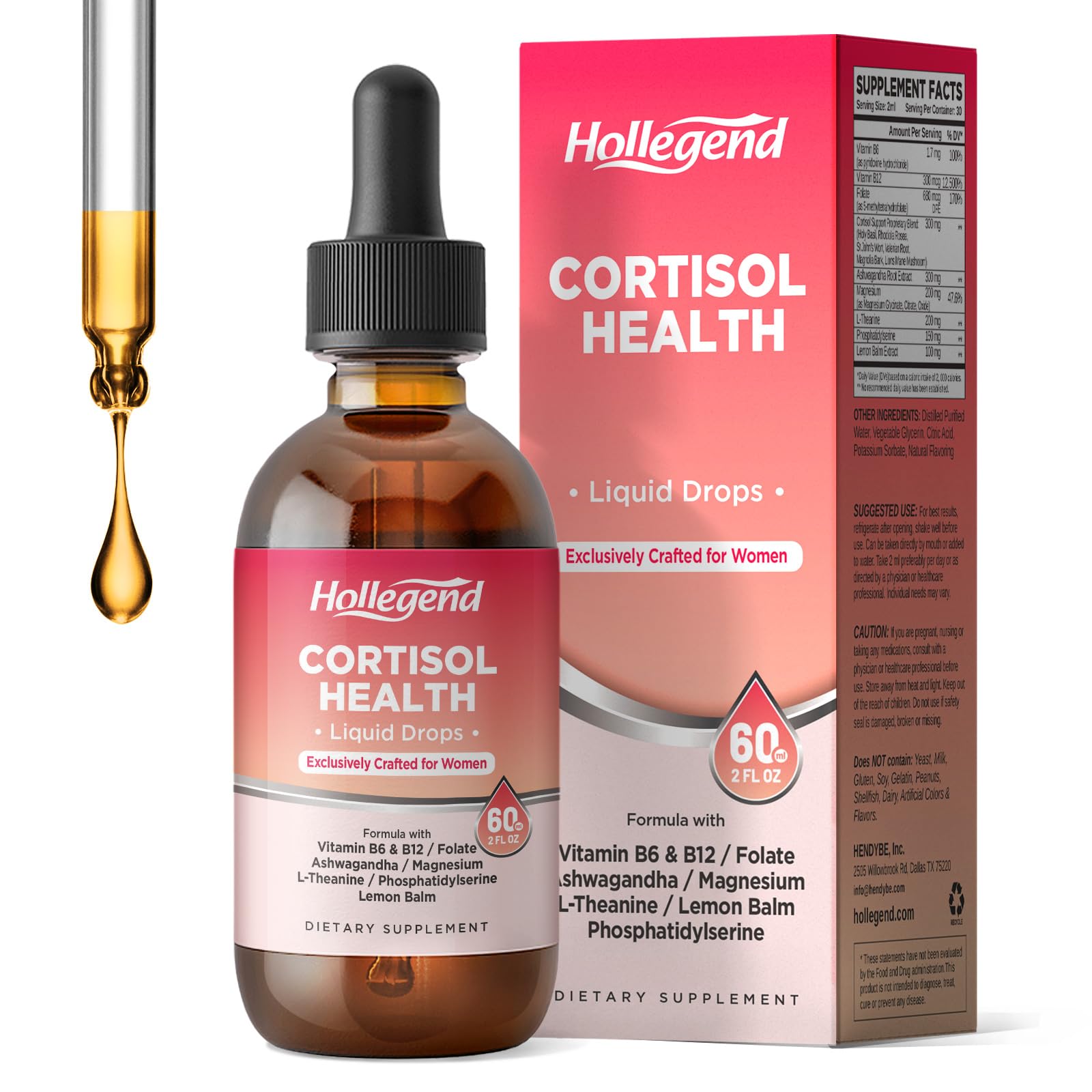 HOLLEGEND Cortisol Supplements for Women, Cortisol Wellness Liquid Drops, 16 in 1 Cortisol Detox Reducer w. Ashwagandha, Magnesium, L-Theanine, Folate for Relaxation & Hormone Balance, Strawberry HOLLEGENDAu supplements