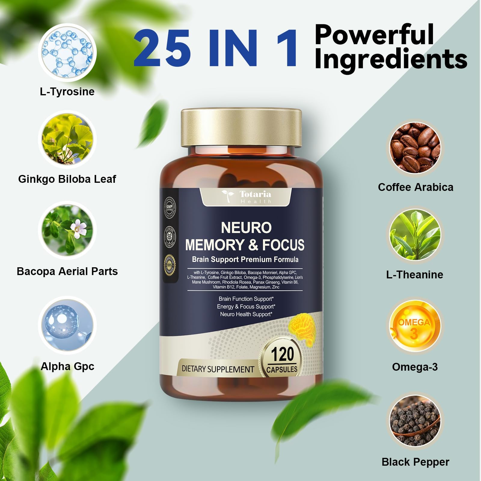 Totaria C-ognitive with Caffeine Pills, L-Tyrosine, Alpha GPC, Ginkgo Biloba, Bacopa Monnieri Brain Supplement for Memory and Focus, Brain Nootropic Support - Non-GMO, Gluten Free (2 Packs) TotariaAu supplements