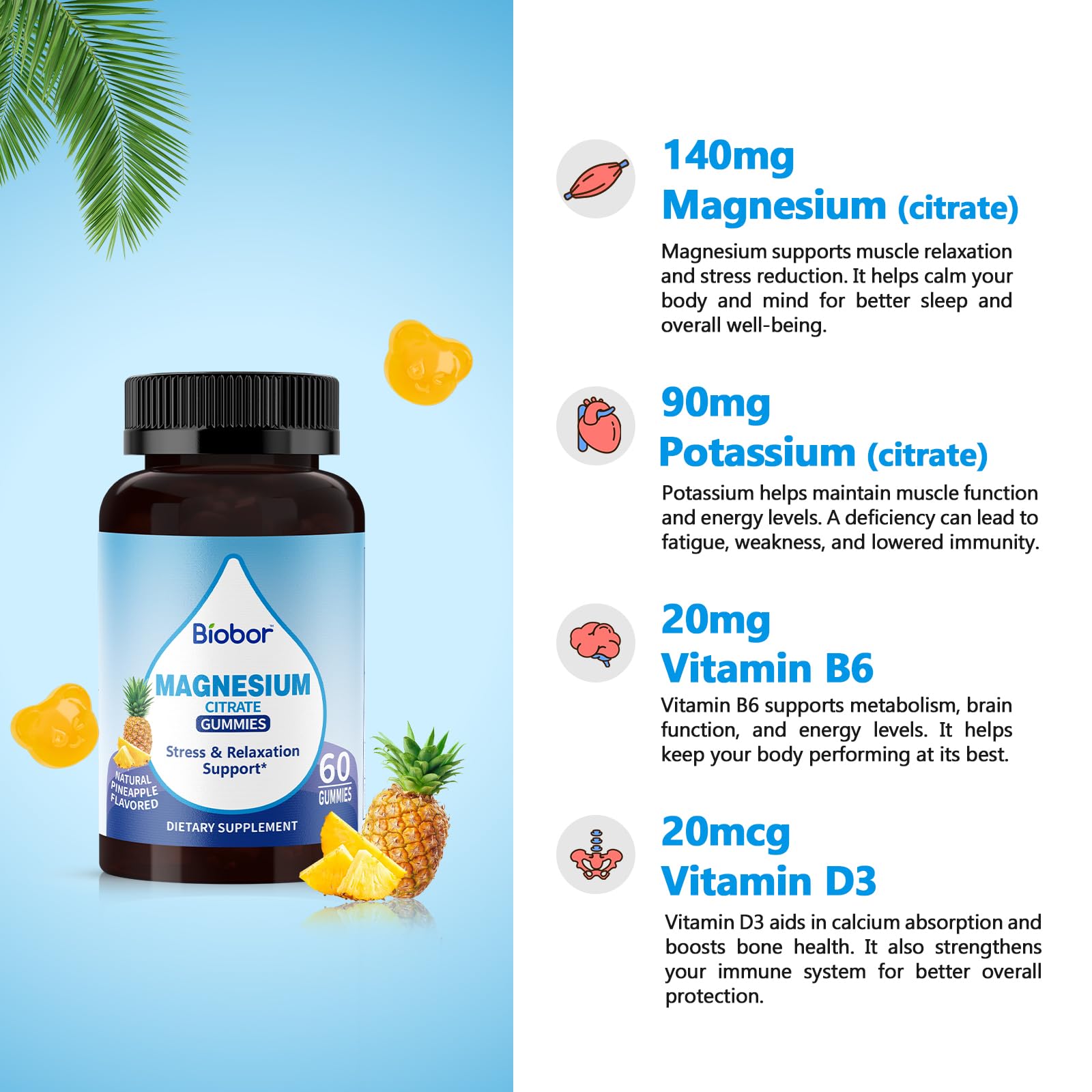 Biobor Potassium Magnesium Gummies, Magnesium Citrate & Potassium Citrate Supplements with Vitamin D3, B6 for Electrolyte Balance, Muscle, Leg Cramps, GMO Free Gluten Free (Pineapple,60 Count) BioborAu supplements